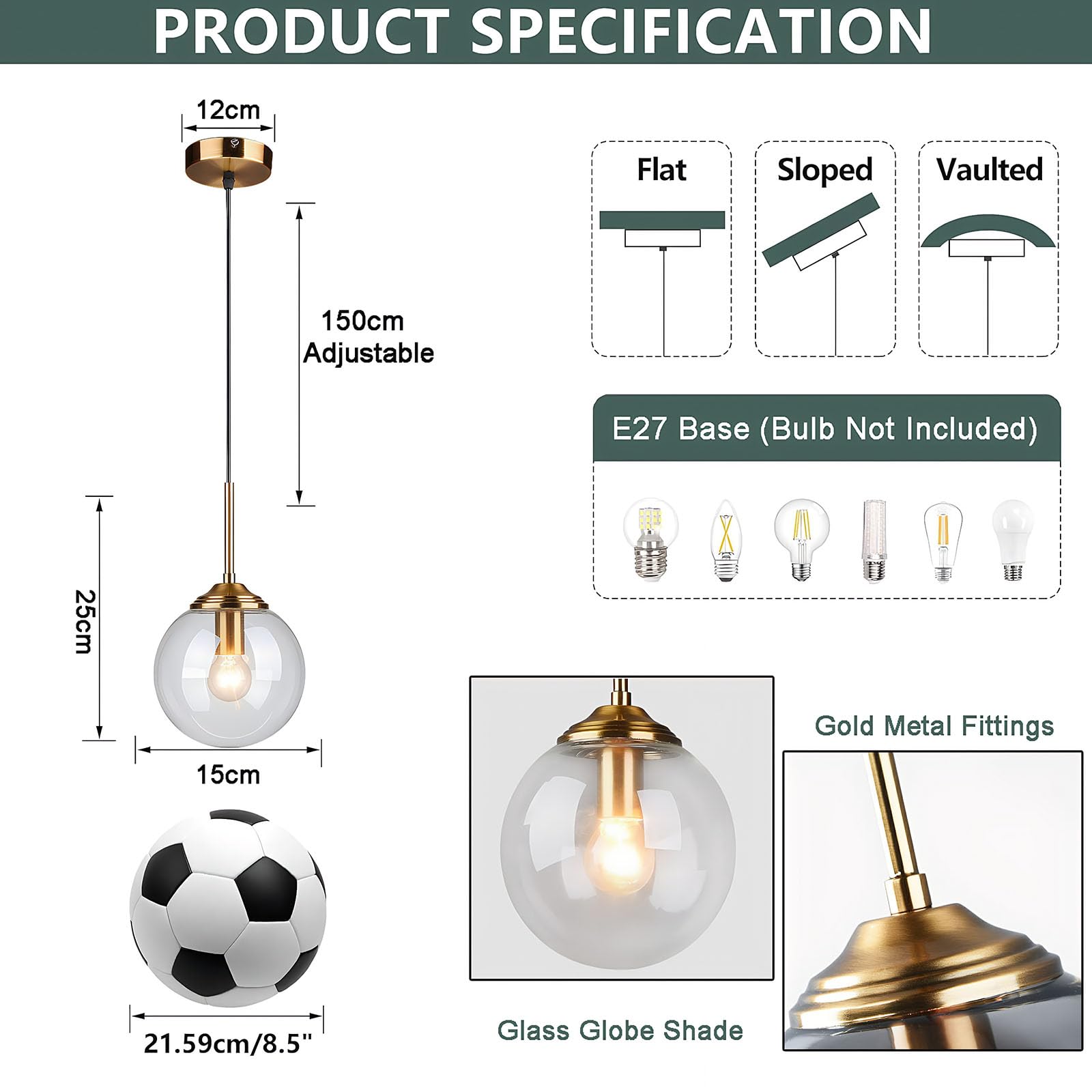 Lampadario a Sospensione con 15cm Sfera di Vetro, Regolabile in Altezza,E27 Lampada a Soffitto in Metallo Dorato per Sala da Pranzo, Camera da Letto, Cucina & Caffè (Trasparente, 1 Pezzo)