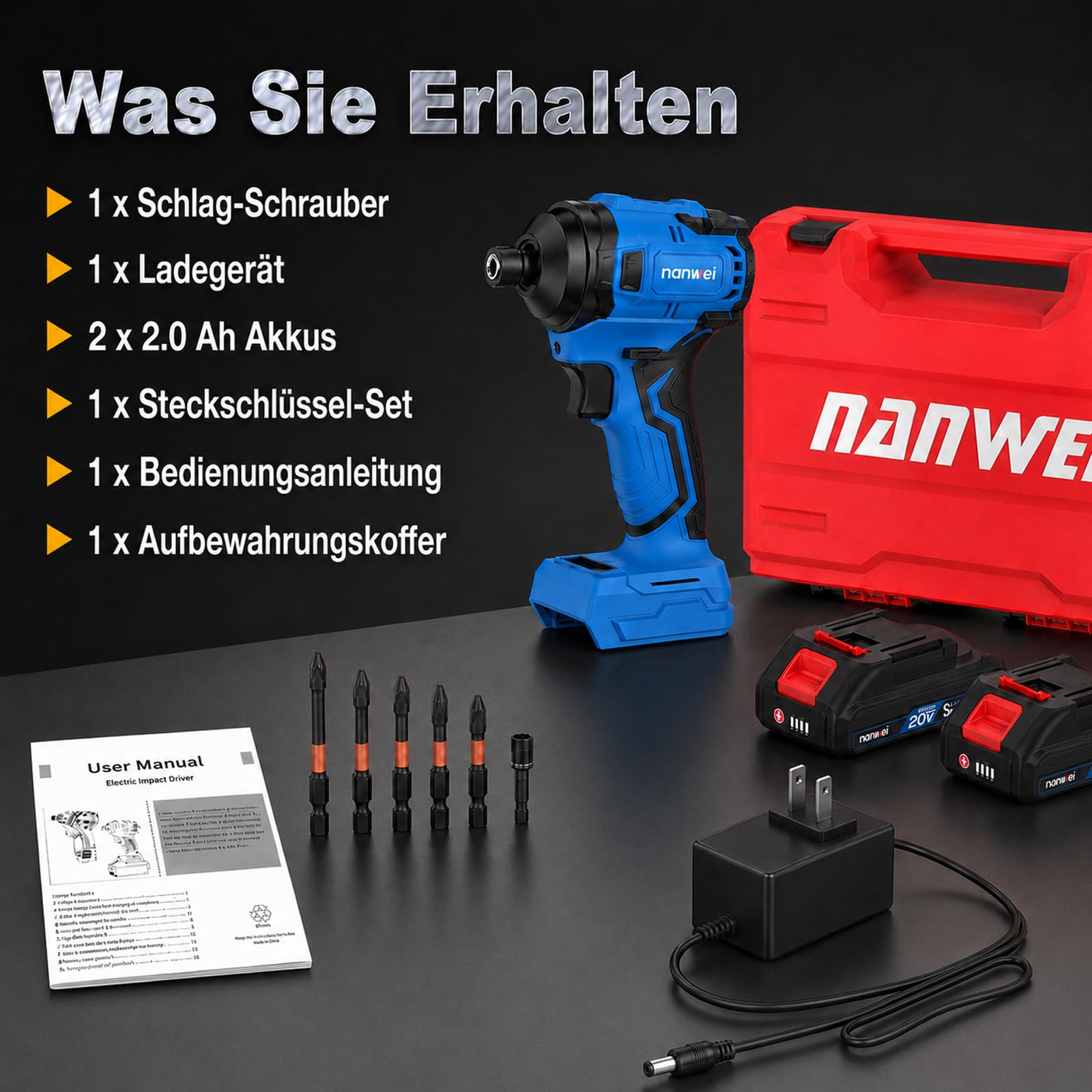 NANWEI Atornillador de impacto con batería de 1/4 pulgadas, 240 Nm, rotación inversa con modo de parada automática, 4 marchas, atornillador de impacto sin escobillas, destornillador de impacto sin