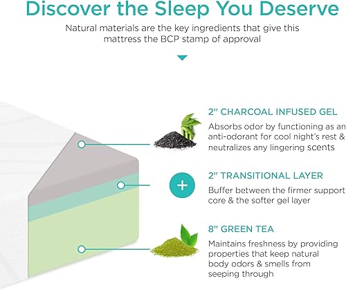 Miniatura 5 de Best Choice Products Colchón de espuma viscoelástica de gel refrescante de carbón de té verde de 12 pulgadas, sin fibra de vidrio, 3 capas,