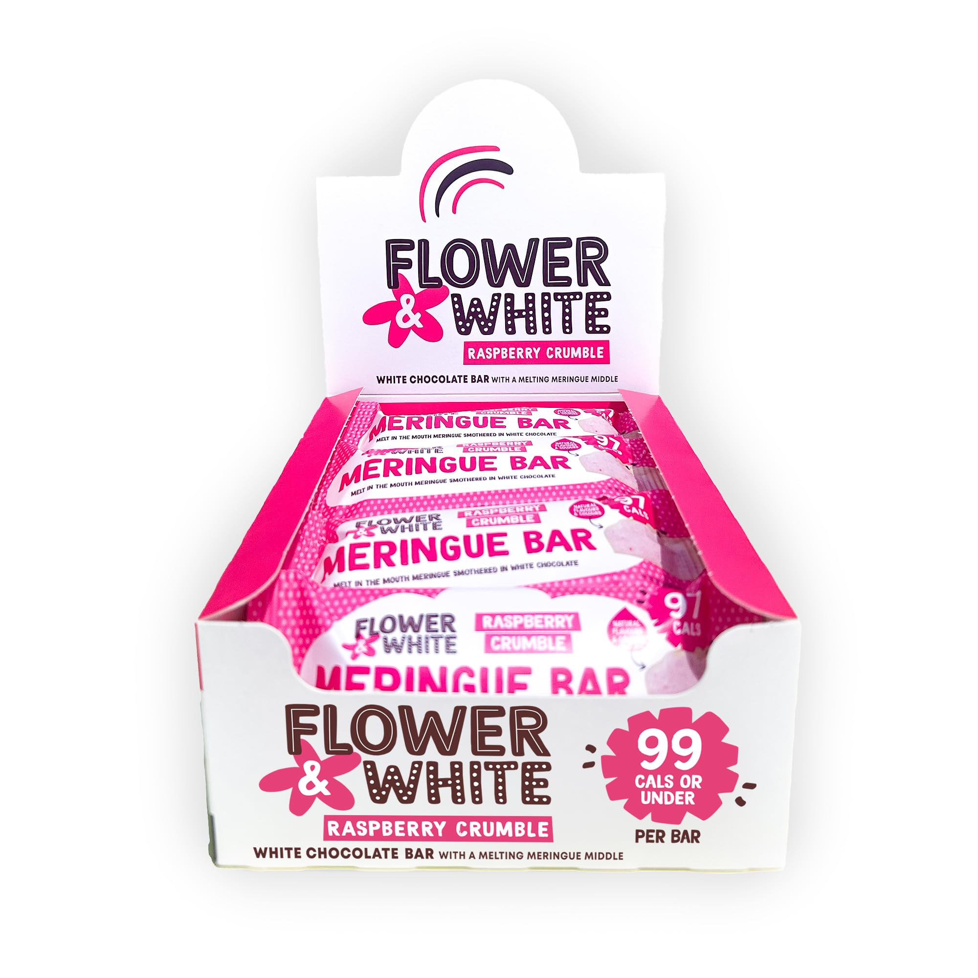 Flower & White Raspberry Crumble White Chocolate Meringue Bars (Pack of 15) - 97 Calories Per 20g Bar - Natural Flavours & Ingredients - Vegetarian & Gluten Free - Recyclable Packaging