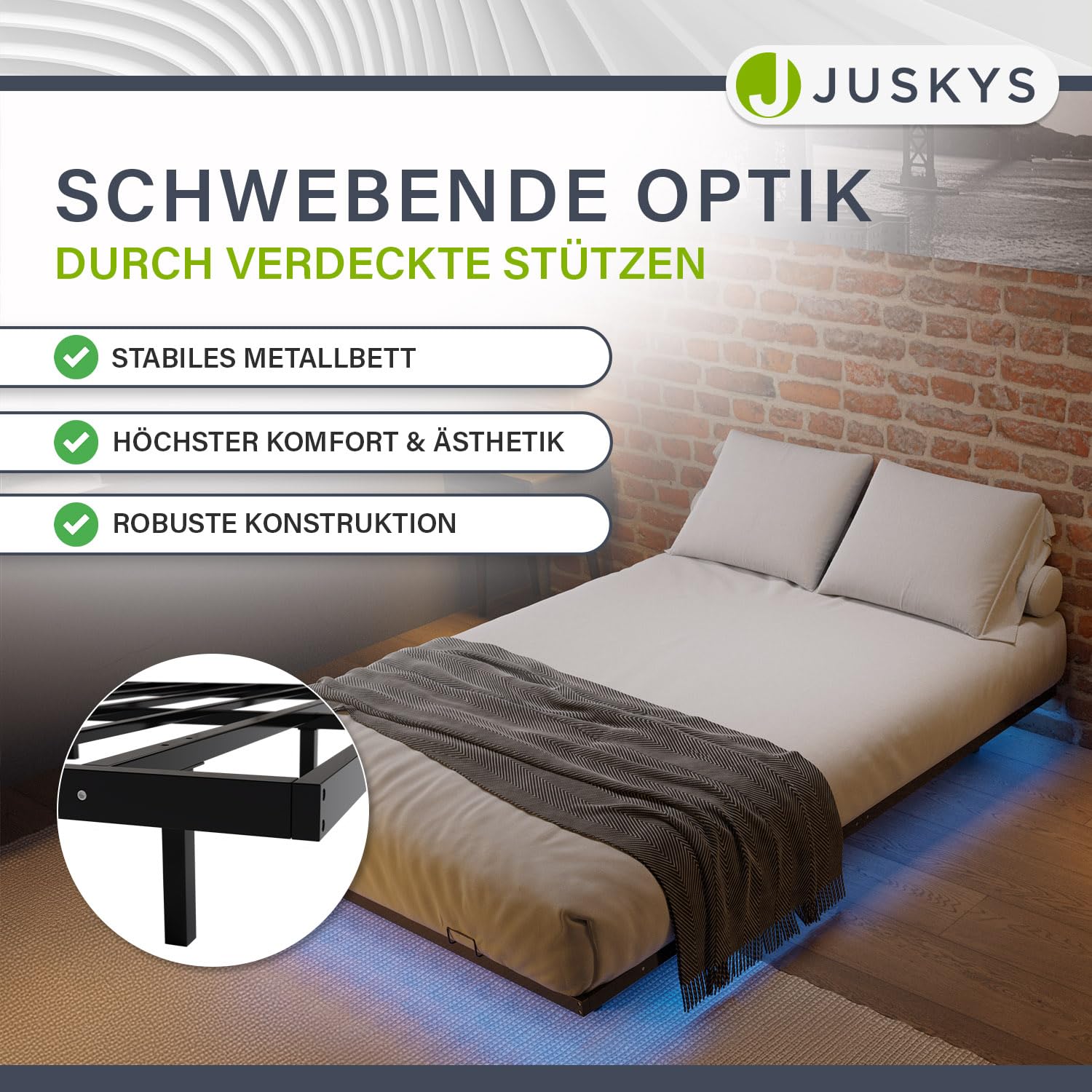 Juskys Metallbett Palamos 140x200 cm mit Lattenrost & LED Beleuchtung - Schwebebett minimalistisch & modern - Jugendbett, Bettgestell, Bett - Schwarz