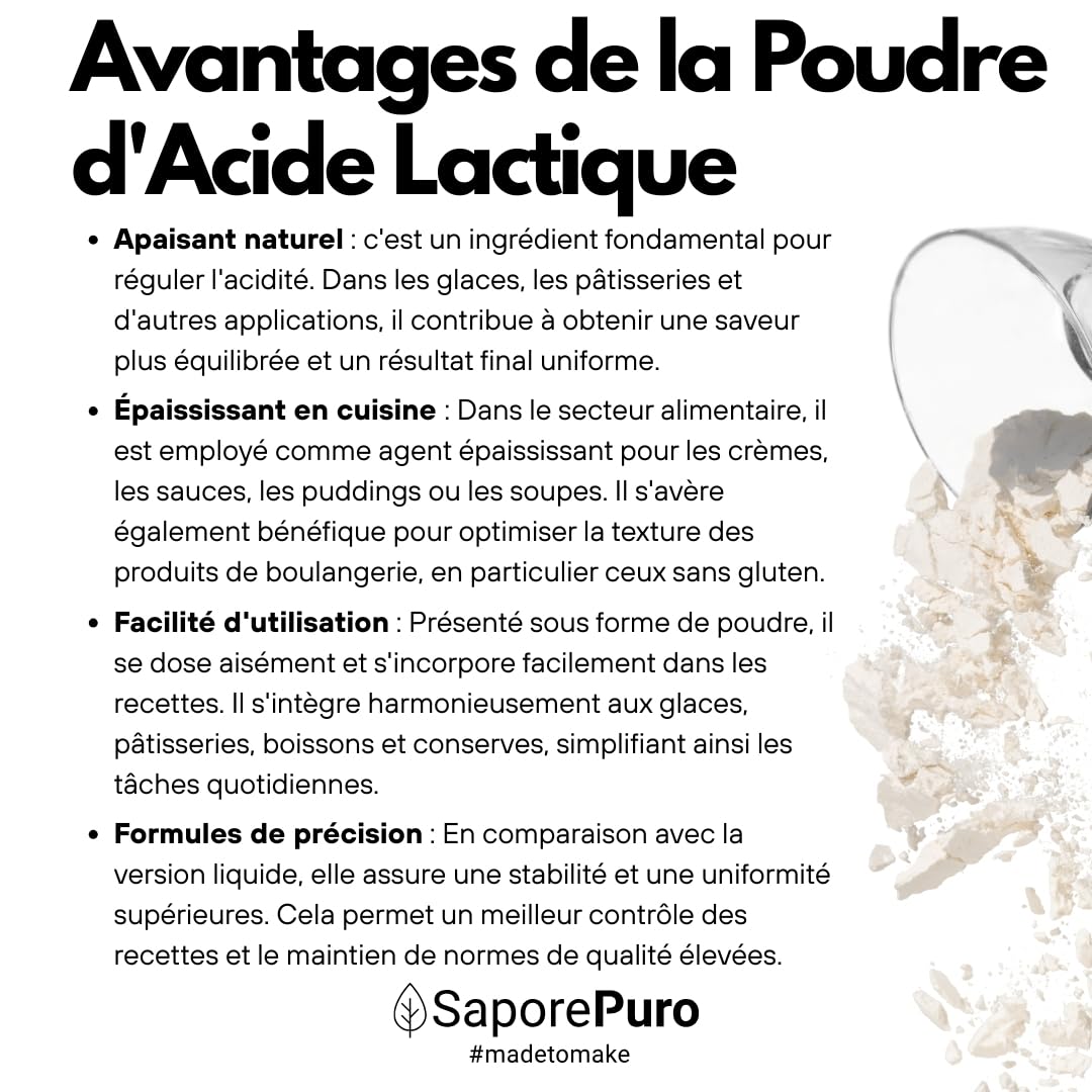 SaporePuro Acide Lactique en Poudre 1 kg – Qualité Alimentaire Pure – Pour Boulangerie, Produits Laitiers, Boissons Fermentées et Usage Cosmétique