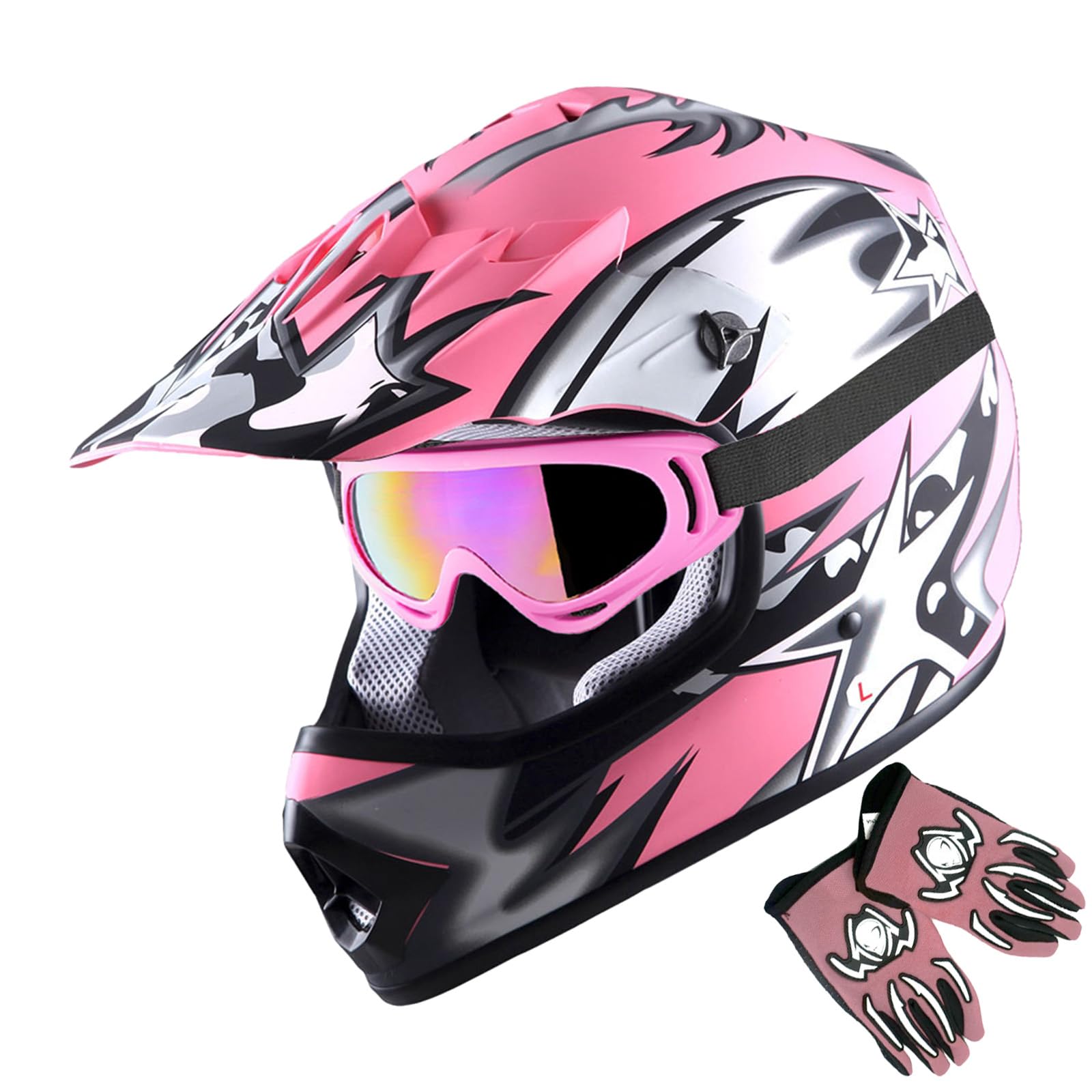 1Storm Youth Motocross Helmet BMX MX ATV Dirt Bike Helmet Matt Star Pink + Goggles + MG Youth Pink Glove Bundle