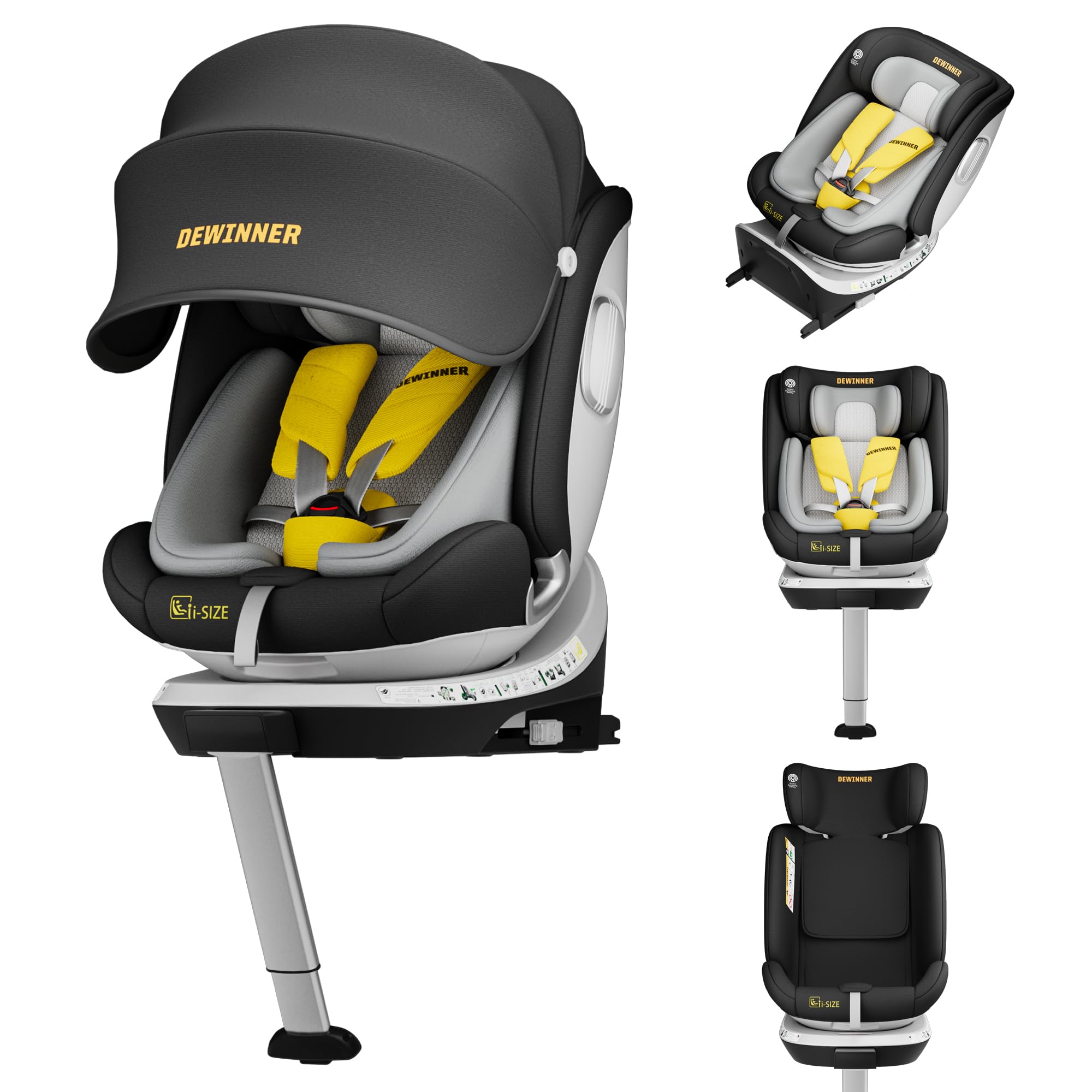 DEWINNER Seggiolini Auto da 0 a 36kg ISOFIX - Seggiolino Auto Girevole a 360°,I-Size Gruppo0+1/2/3,Cntura a 5 punti,RWF,FWF,Poggiatesta regolabile,Tettuccio Anti-UV + Gamba di Supporto,ECE R129 (Nero)
