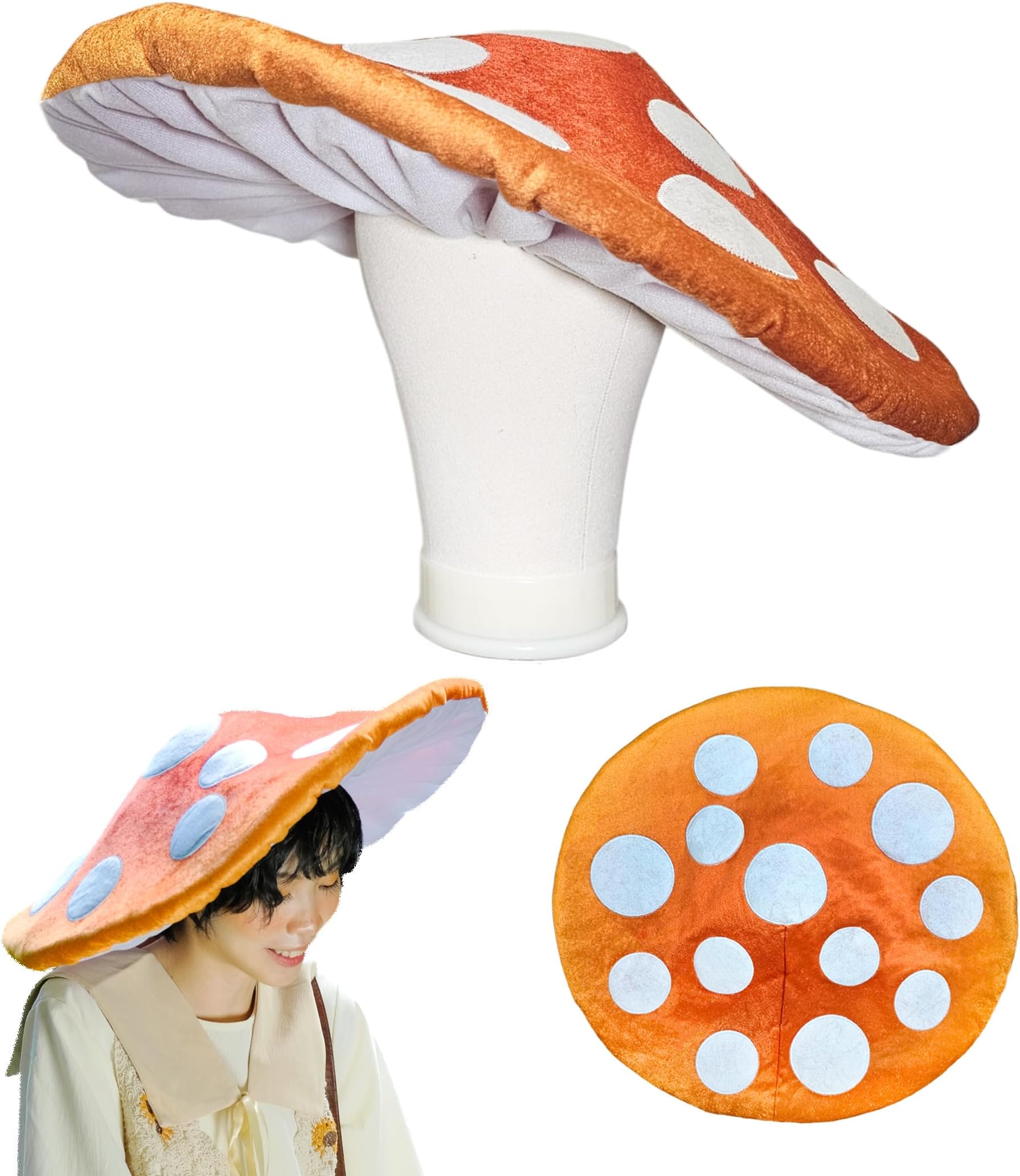Mushroom Hat Costume Cosplay Accessory Party Hat Cap, Oversized with Wired Brim (Orange)