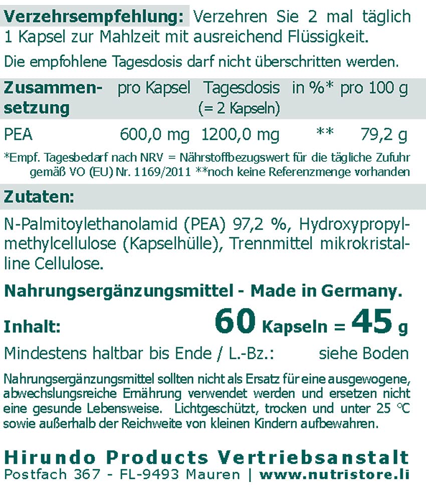 PEA 600 mg vegane Kapseln 60 Stk. - 1 Monatsvorrat