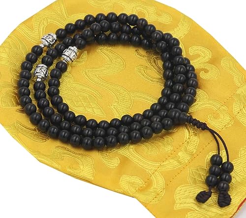 Miniatura 2 de Meditación tibetana 108 cuentas de madera de ébano, cuentas de oración, rosario, cuentas de gurú plateadas, espaciadores (0.236in)