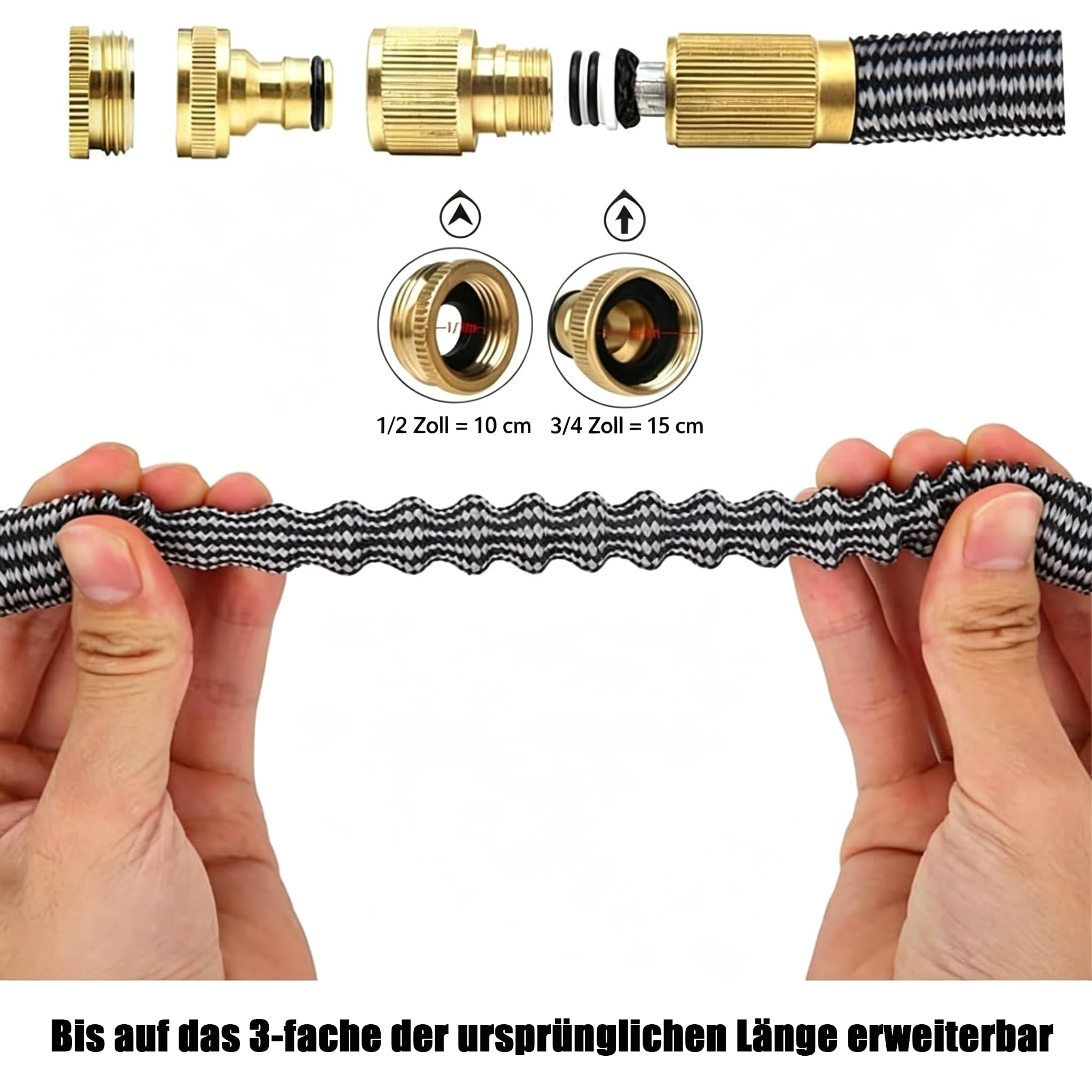 Erweiterbarer Gartenschlauch, 15,2 m, flexibel verstärkt mit 1,27 cm (1/2 Zoll) - 3/4 Zoll Messingbeschlägen und Universal-Hahnanschluss für Haustier-/Autowäsche, Rasen- und