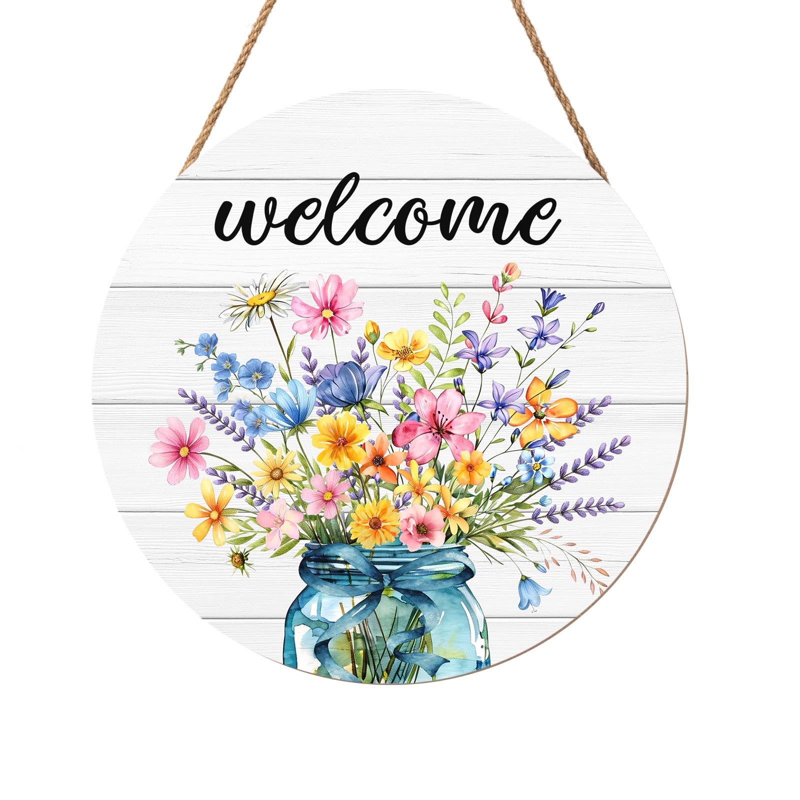 Spring Summer Welcome Door Sign for Front Door Spring Mason Jar Flowers Door Hanger Sign Wildflower Butterfly Metal Wreath Farmhouse Front Wreaths for Porch Wall Indoor Home Decor 12"x12"