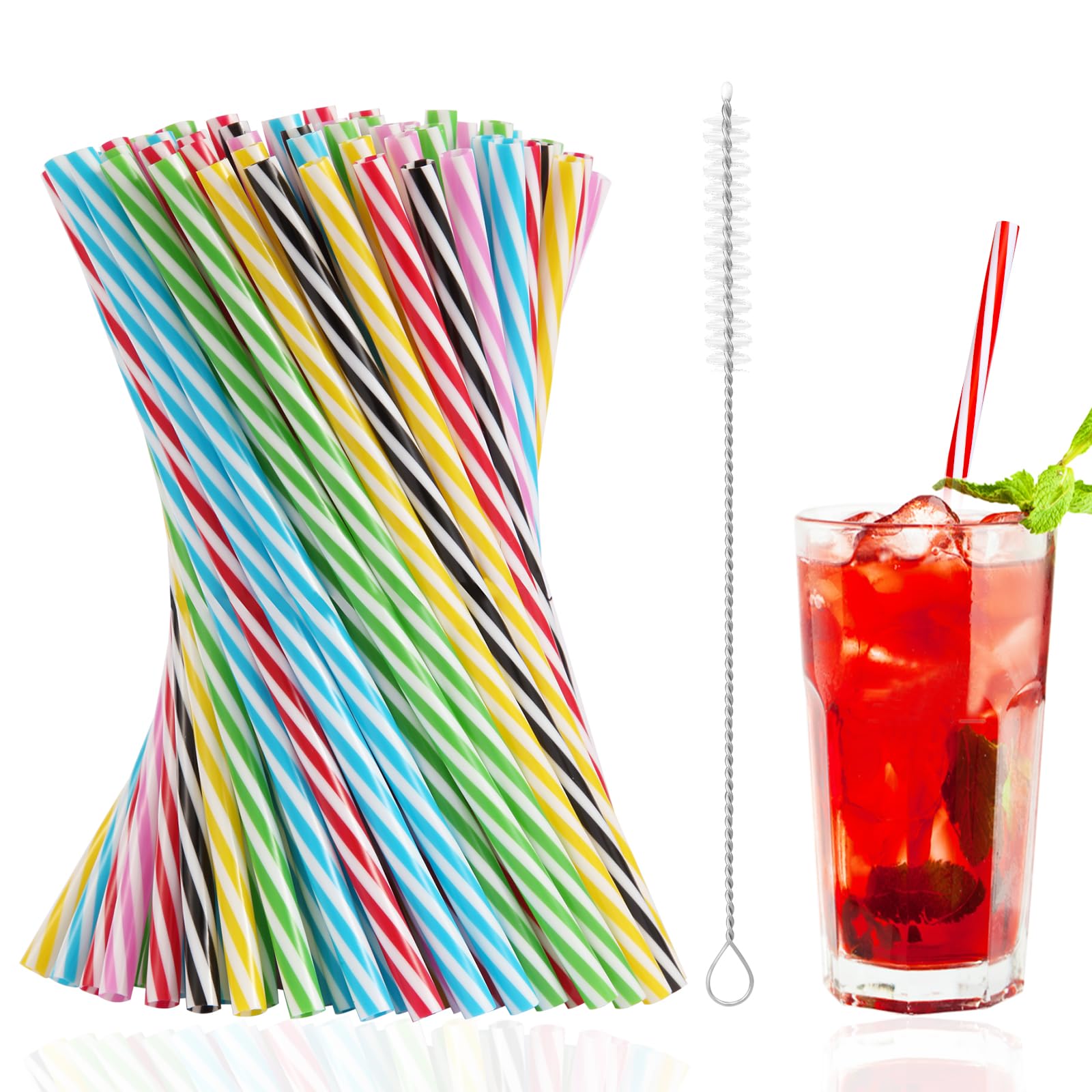 100 Stück Wiederverwendbare Strohhalme,Verdickte Strohhalme Plastik, Trinkhalme Plastik mit Strohhalmbürste für Smoothies, Saft, Heißgetränk, Cocktail (0,28 Zoll Durchmesser, 9,06 Zoll lang)