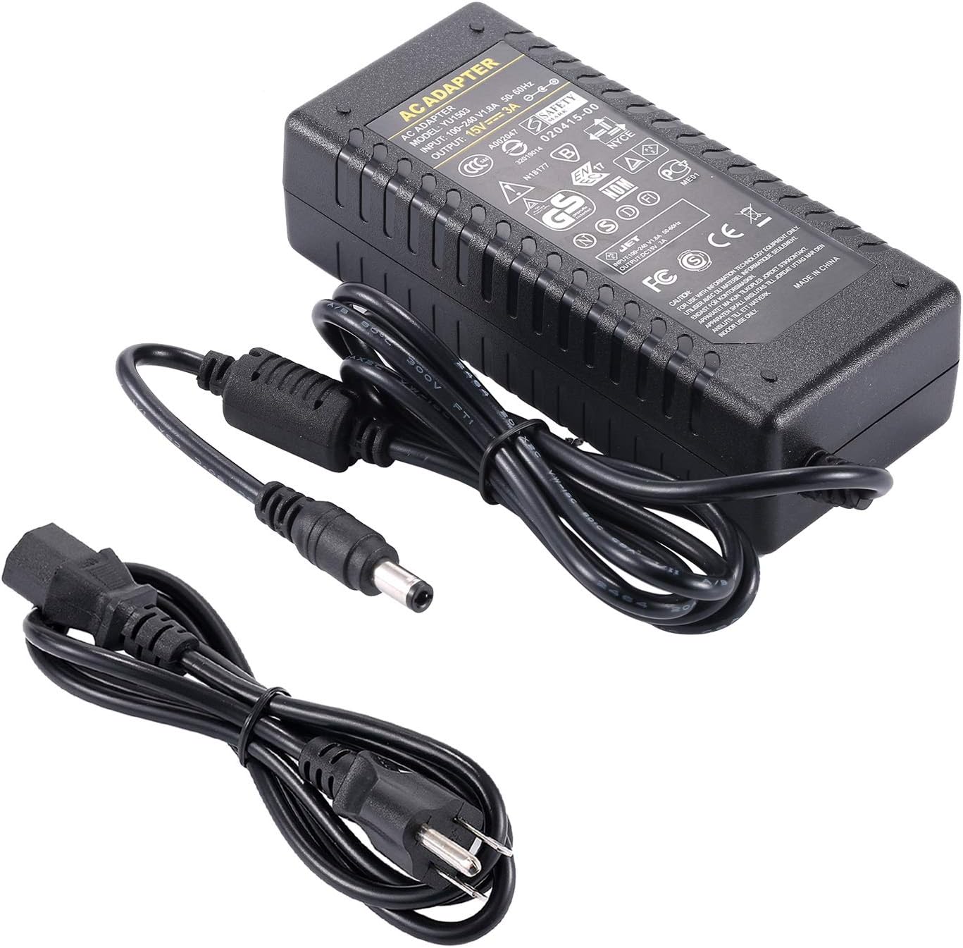 COOLM 15V 3A Power Supply Universal AC 100-240V to DC 15V 3A 45W Power Adapter 110V Charger Transformer 5.5x2.5mm 2.1mm Interface Compatible with 15 Volt 1A 1.5A 2A 2.5A Equipment
