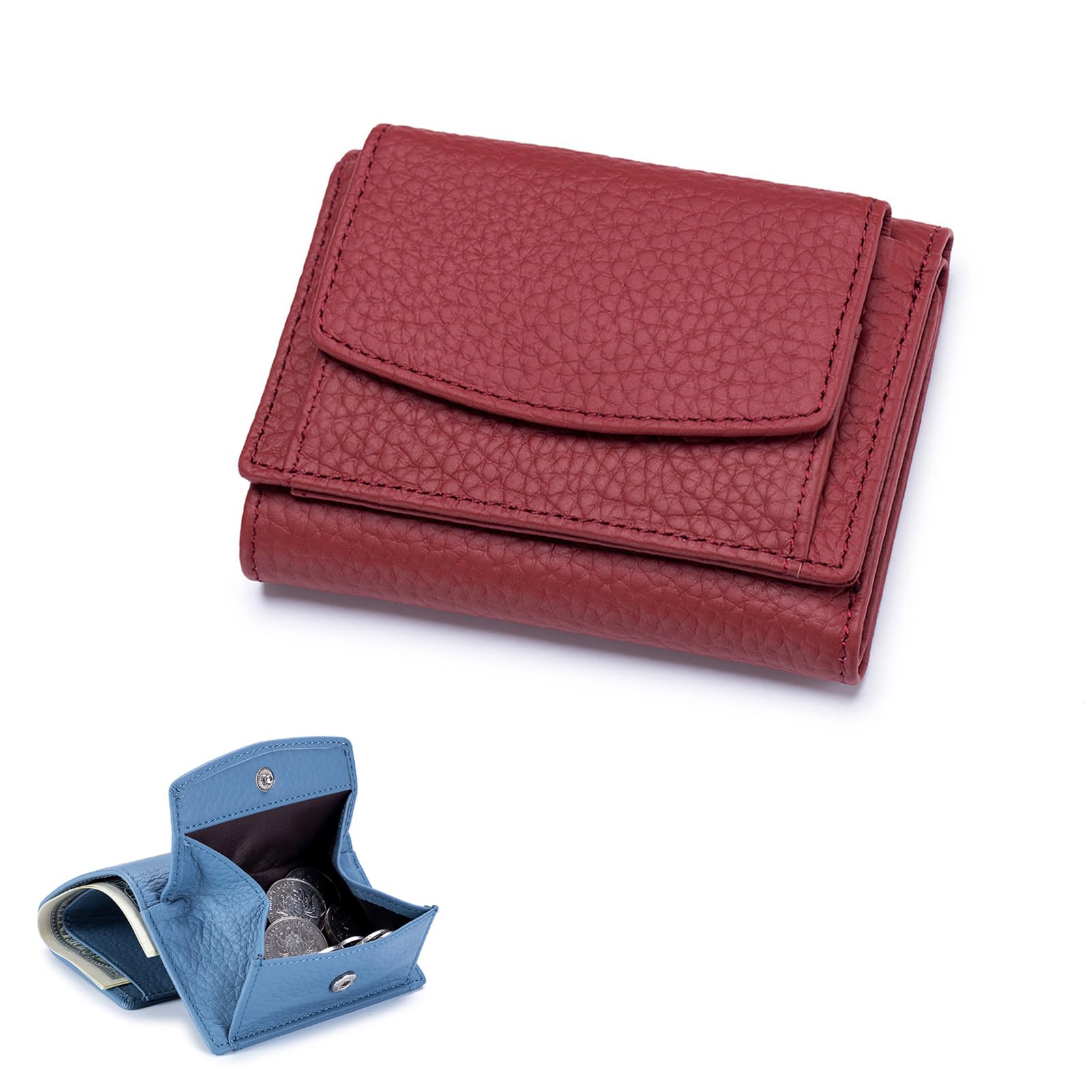 POOULR Small Wallet Women Genuine Leather RFID Blocking Card Holder Organizer Pocket Mini Wallet, Compact Wallet Folding Mini Purse (Burgundy)