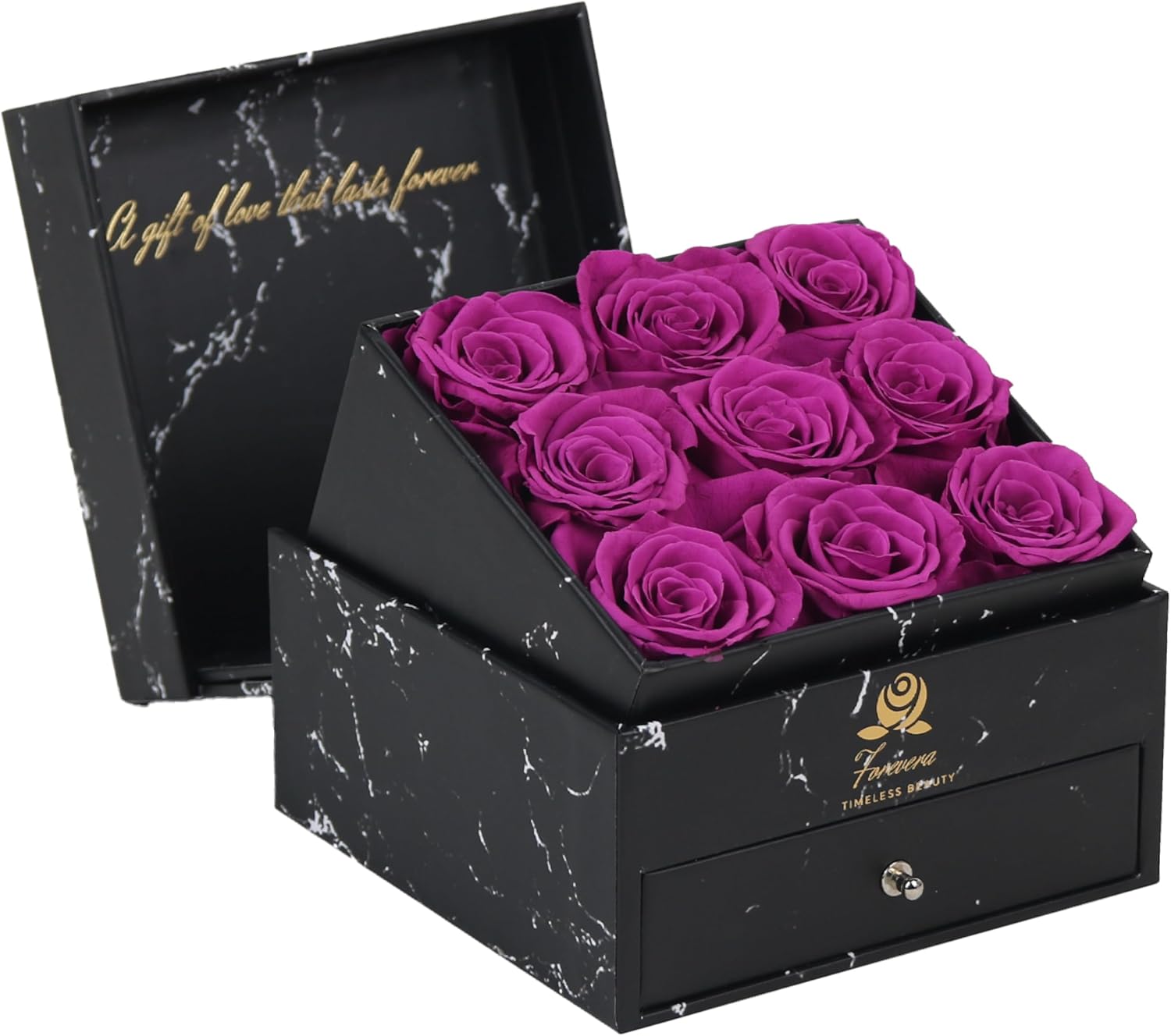 Forevera Luxury Preserved Premium Roses Gift Box, 9 Real Roses in Black Marble Pattern Box with Jewelry Drawer, Forever Fresh Flowers (Purple)