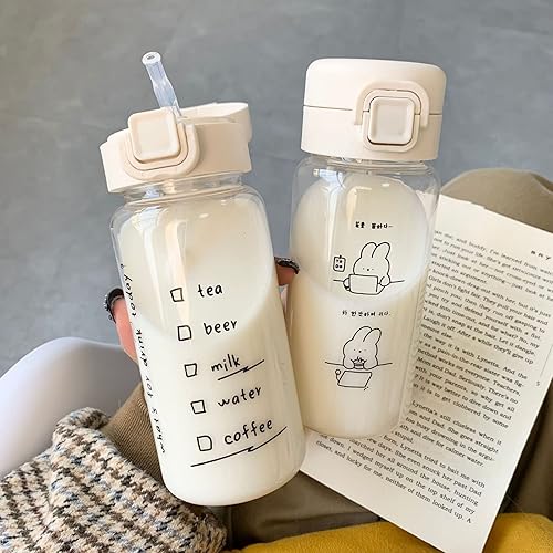 Miniatura 5 de Botella de agua creativa de dibujos animados con pajilla, botella de plástico de 11.8 fl oz, portátil a prueba de fugas, para beber leche, café, té,