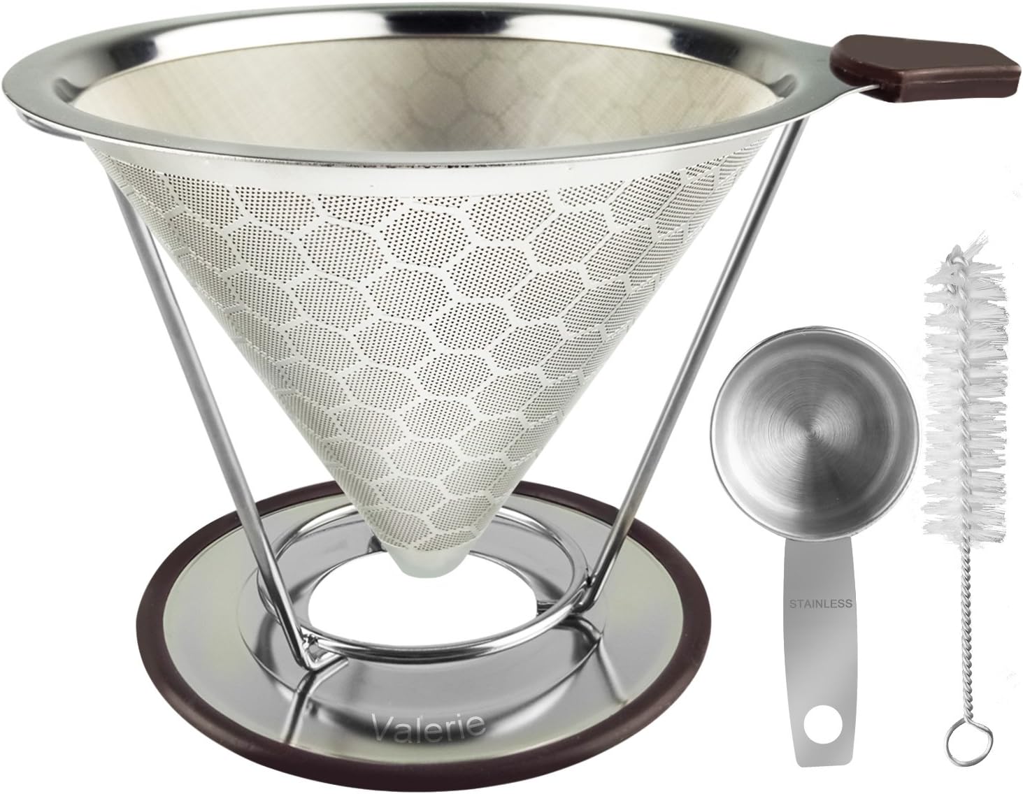 Pour Over Coffee Dripper Stainless Steel Reusable Coffee Filter Pour Over Coffee Cone Dripper Permanent Honeycombed Mesh Basket 4 Cups Bonus Removable Cup Stand and Brush By Valerie