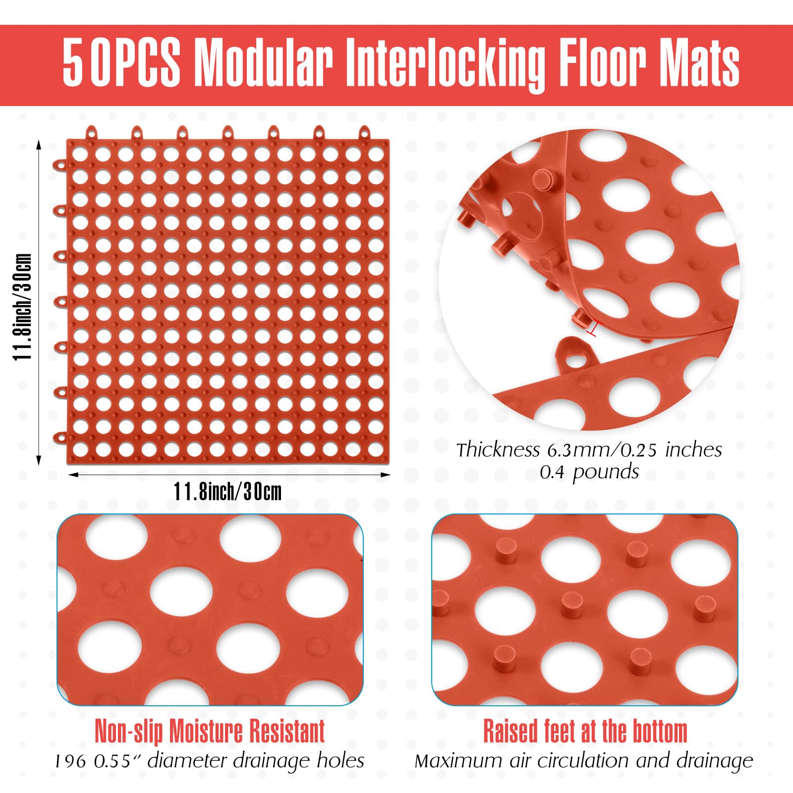Tinideya 50 Pcs Drainage Mats 11.8'' x 11.8'' Modular Interlocking Floor Drainage Tiles Splicing Pool Floor Mat, Non Slip TPE Soft for Outdoor Deck Greenhouse Shower Bathroom Pool(Orange Red) — Amazon image 2