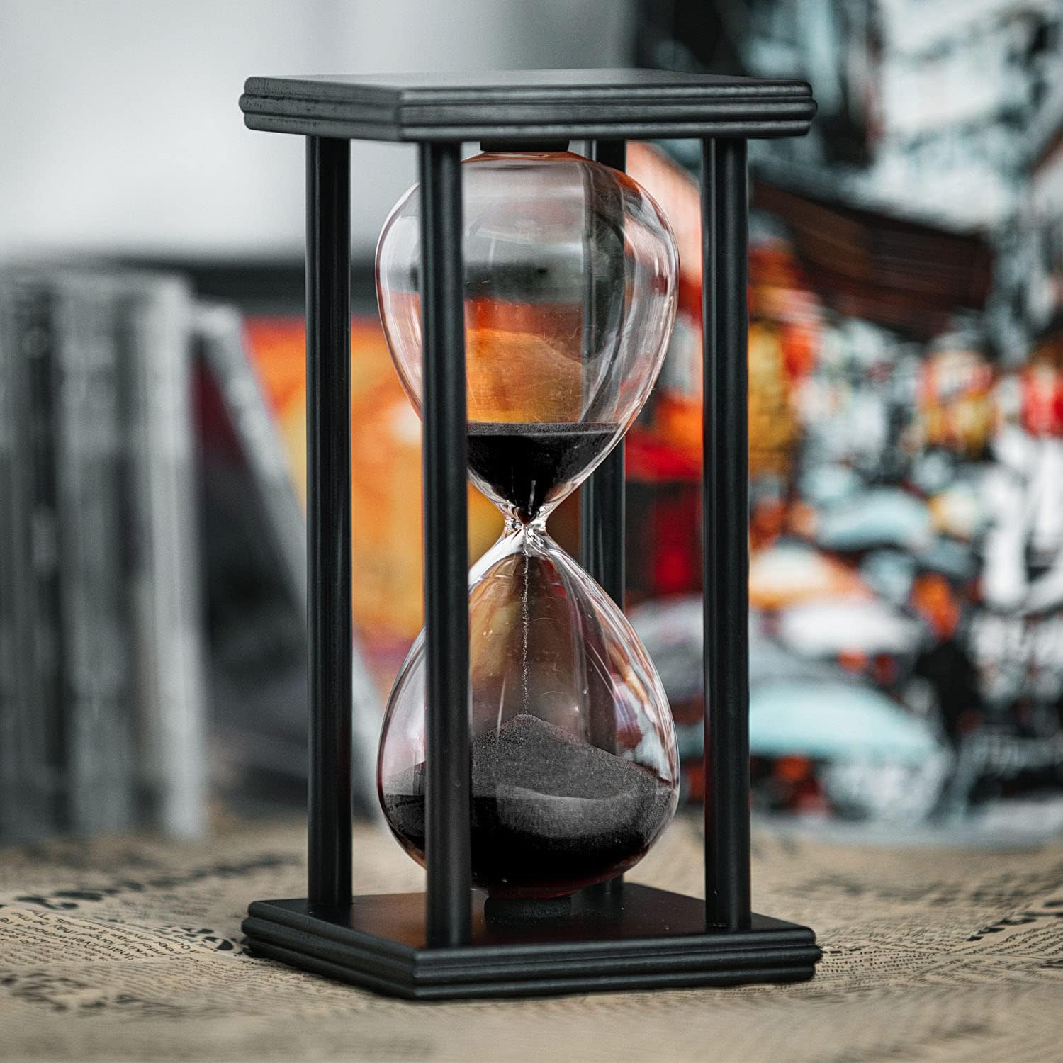 KOWVOWZ Hourglass Timer 60 Minutes, Black Wooden Frame Decorative Sand Timer (Black Sand, 25x9.6cm)