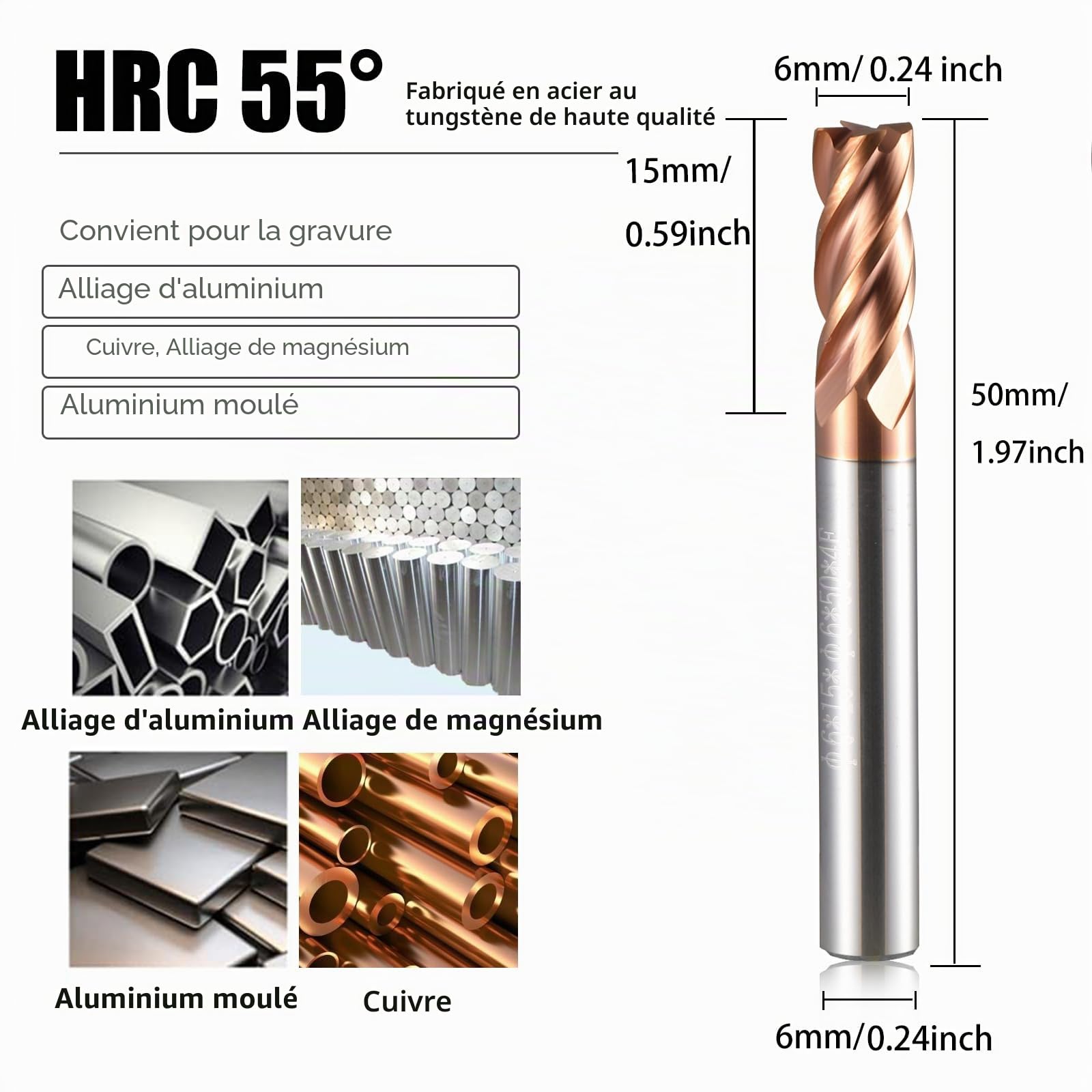 Lot de 2 fraises hélicoïdales CED de 6 mm en carbure à 4 cannelures - Revêtement TiSiN - VHM CNC - 55 HRC - Pour acier, alliage d'aluminium, cuivre