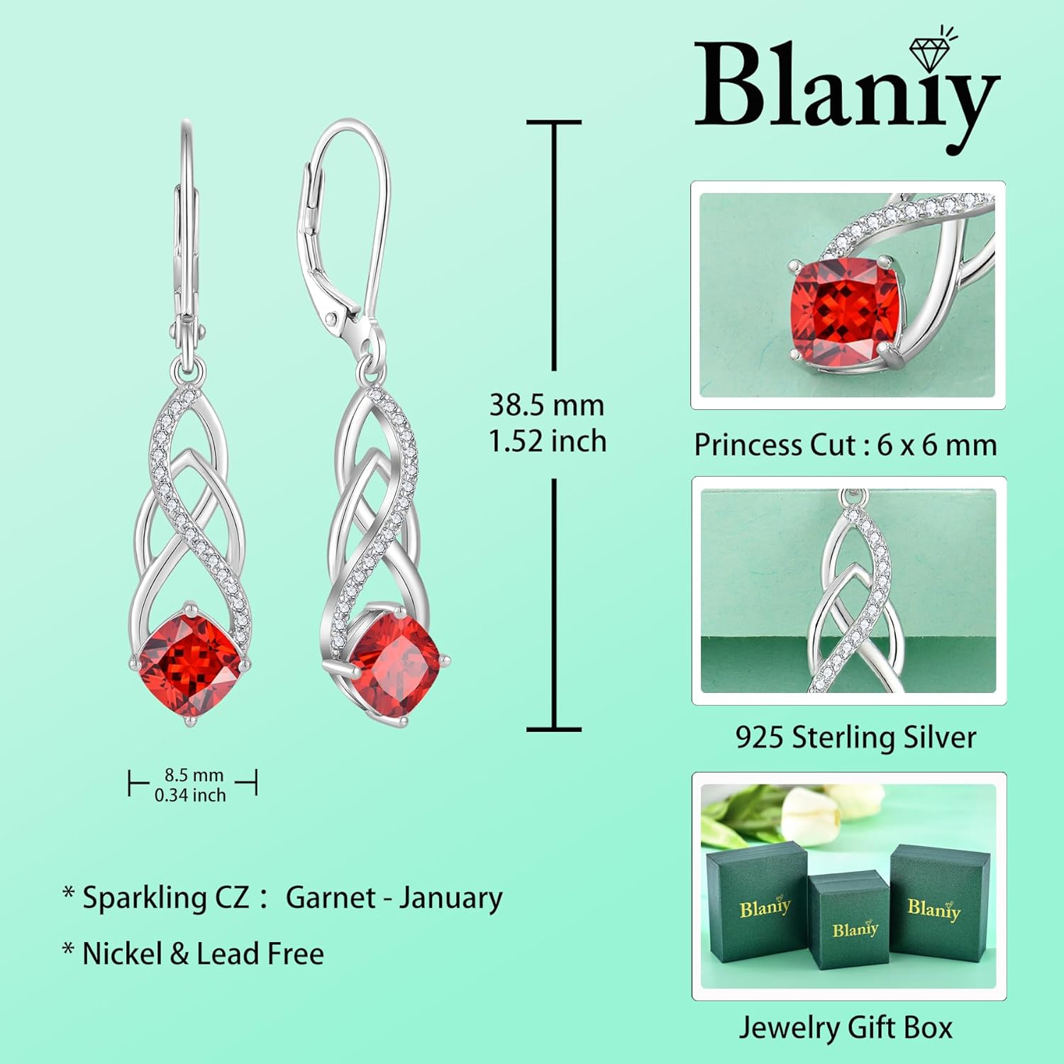 Princess Cut Drop Dangle Earrings 925 Sterling Silver Celtic Knot Leverback Earrings Birthstone Infinity Jewelry Gifts for Women - Image 6