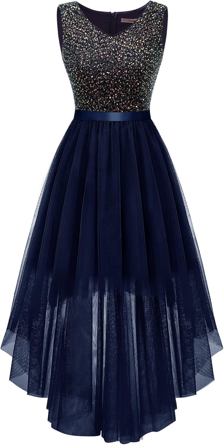 BeryLove Cocktail Prom Dresses 2025 Formal Wedding Guest Dresses Sleeveless Lace High Low Homecoming Dress 3X-Large Tulle Sequin Navy
