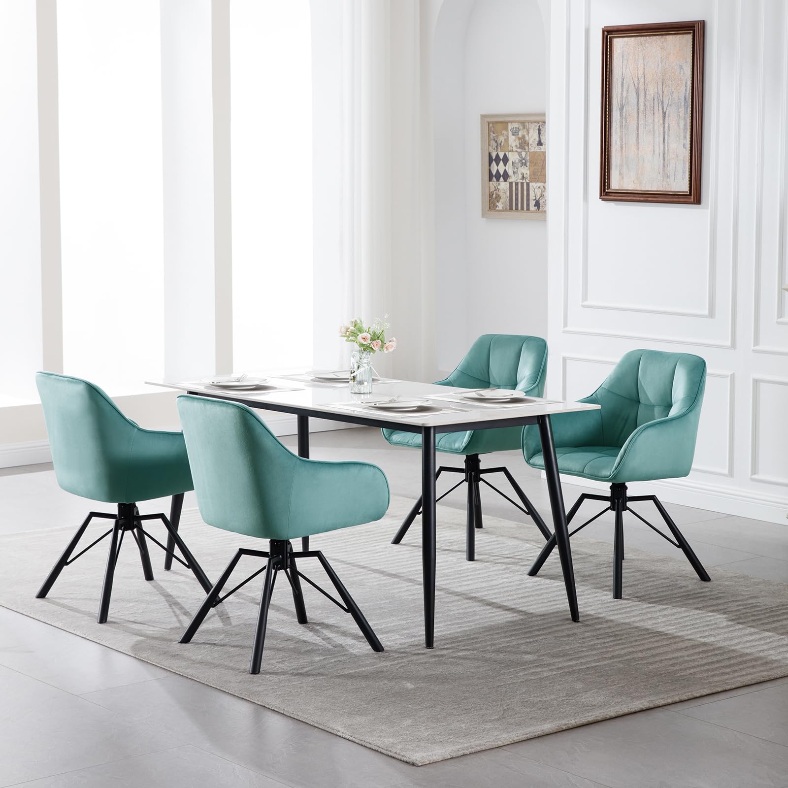 WOLTU Silla de Comedor Giratoria,Terciopelo,Turquesa | Estructura de Patas metálicas,Estilo Moderno. Apta para Cocina,salón,Comedor y Dormitorio