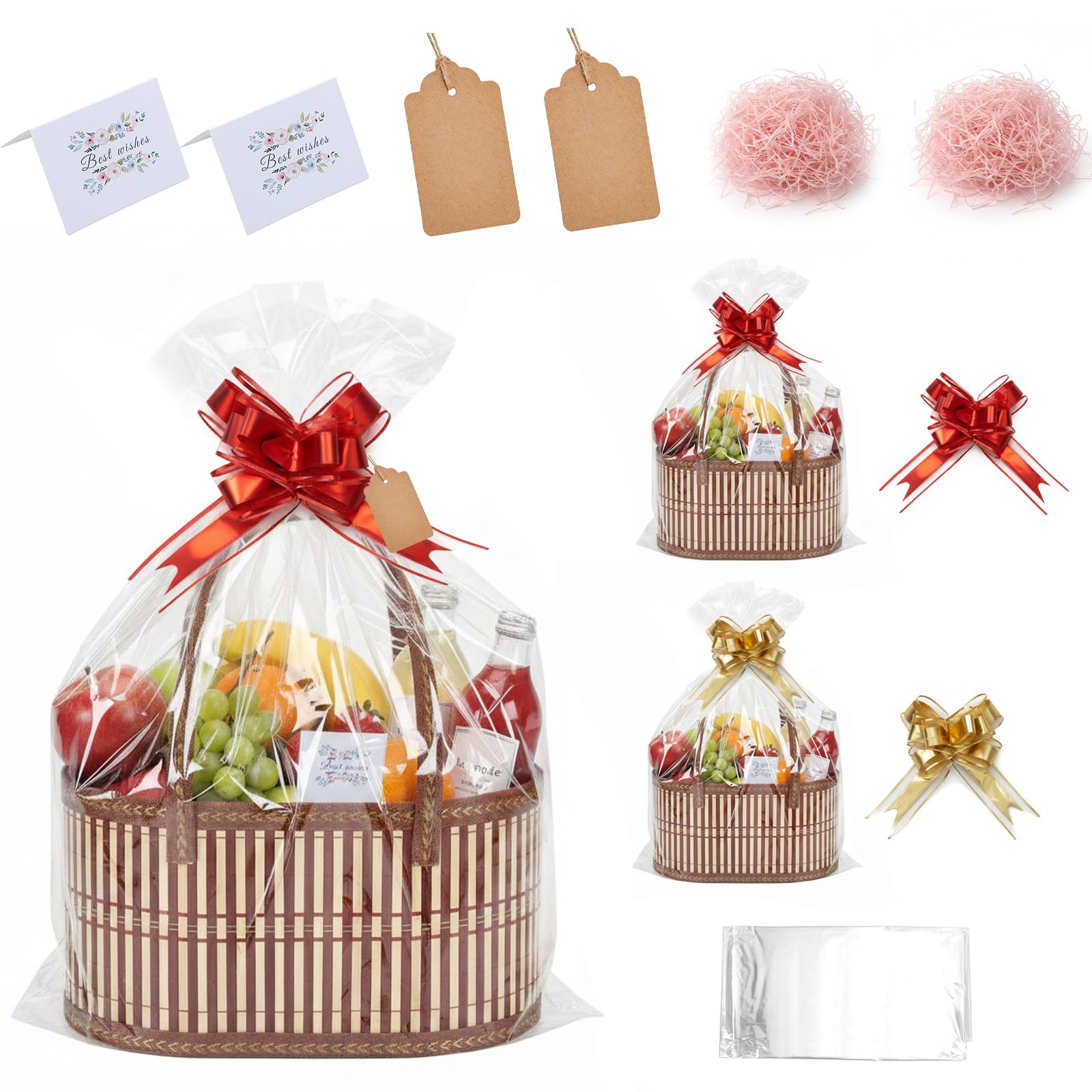 2 Set Empty Hamper Baskets, Large Woven Gift Basket Kit with Pull Bows Raffia and Greeting Cards, Sturdy Hamper Baskets for Filling with Christmas, Birthday, Baby Shower & Wedding Gift (Brown)
