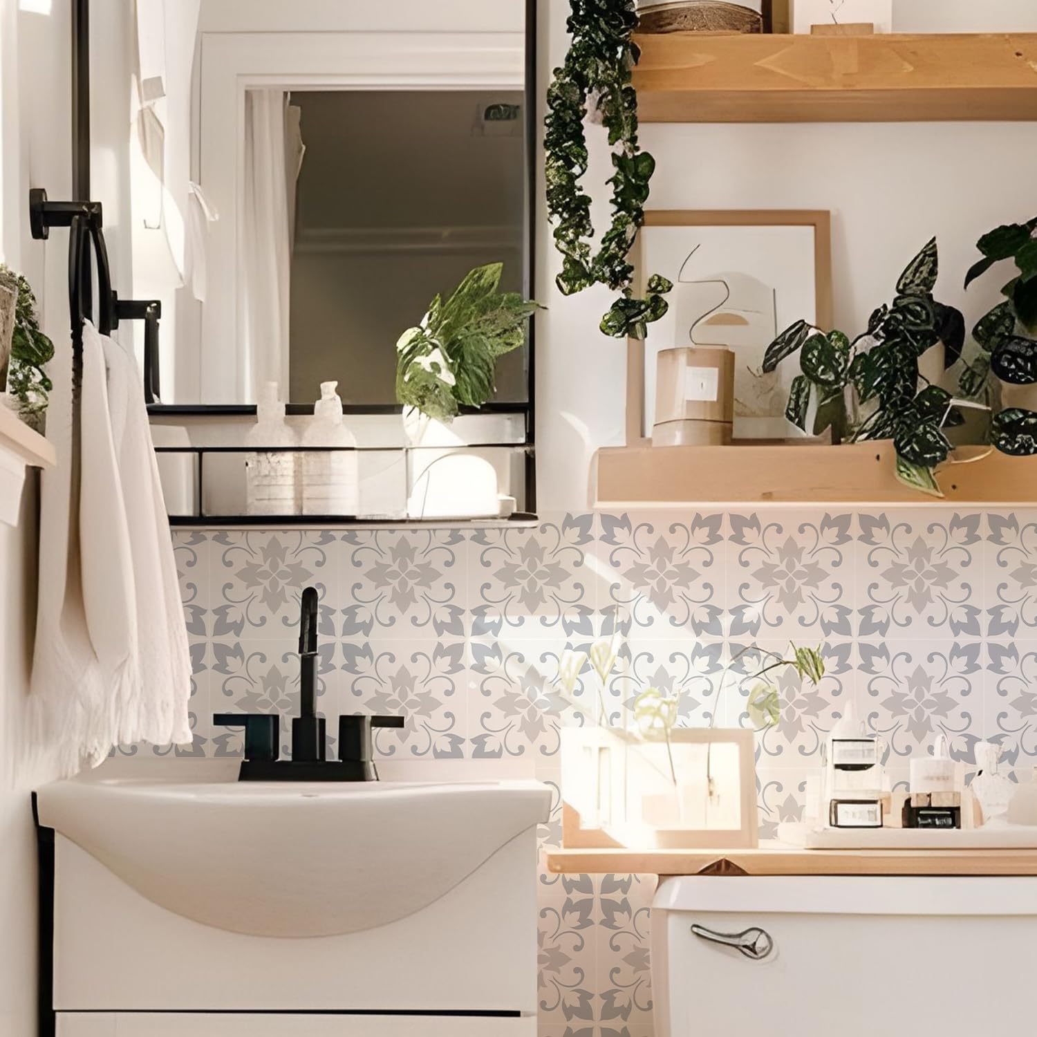 Alwayspon 25PcsX20cm/8inch Tile Sticker, Gray Floral Self Adhesive Stick on Tiles Transfer Sticker for Bathroom Kitchen, Splashback for Cooker, Peel and Stick Adhesive Vinyl Wall Tiles Sticker