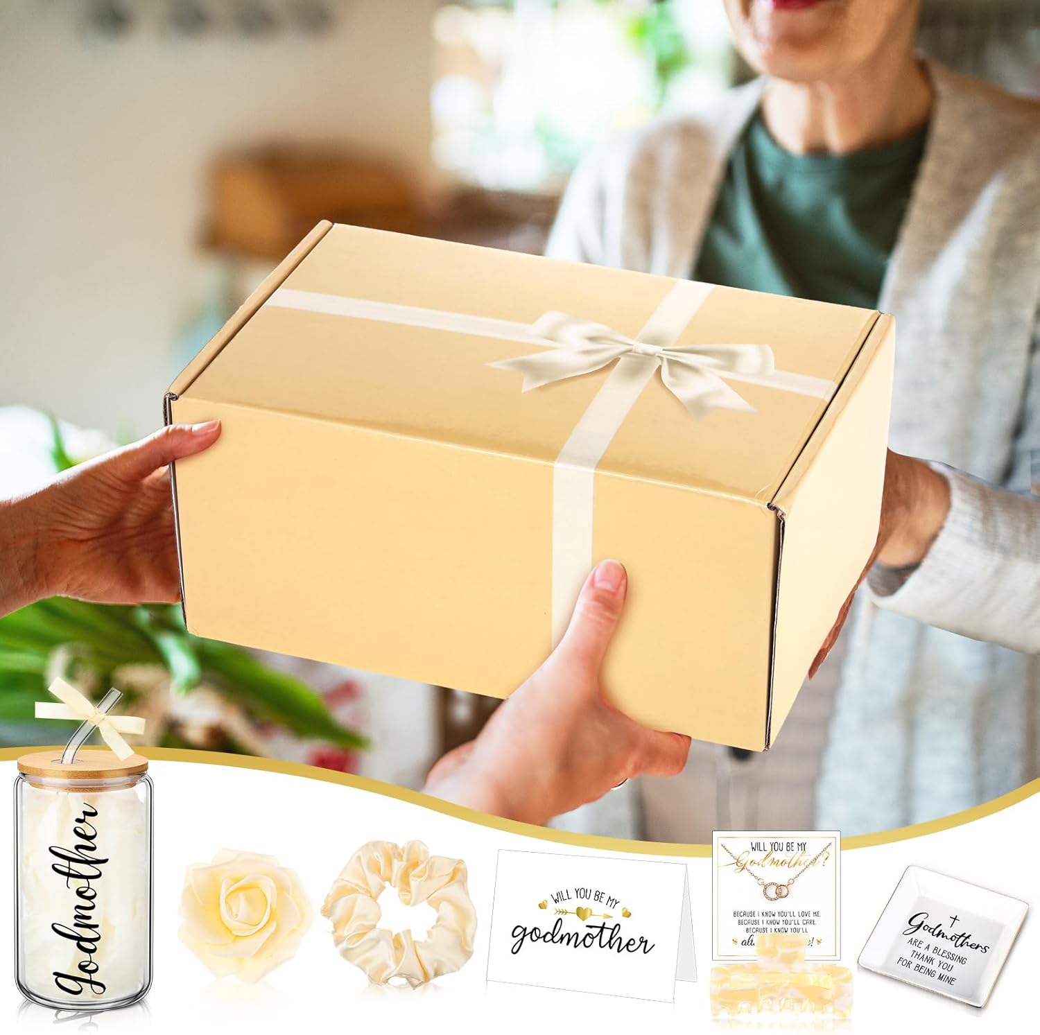 Honeydak 8 Pcs Godmother Proposal Gift Set Will You Be My Godmother from Godchild 16oz Glass Cup Necklace Trinket Ring Dish Gift Box for Mother's Day Birthday Baptism Christmas(Champagne Gold) - Image 6