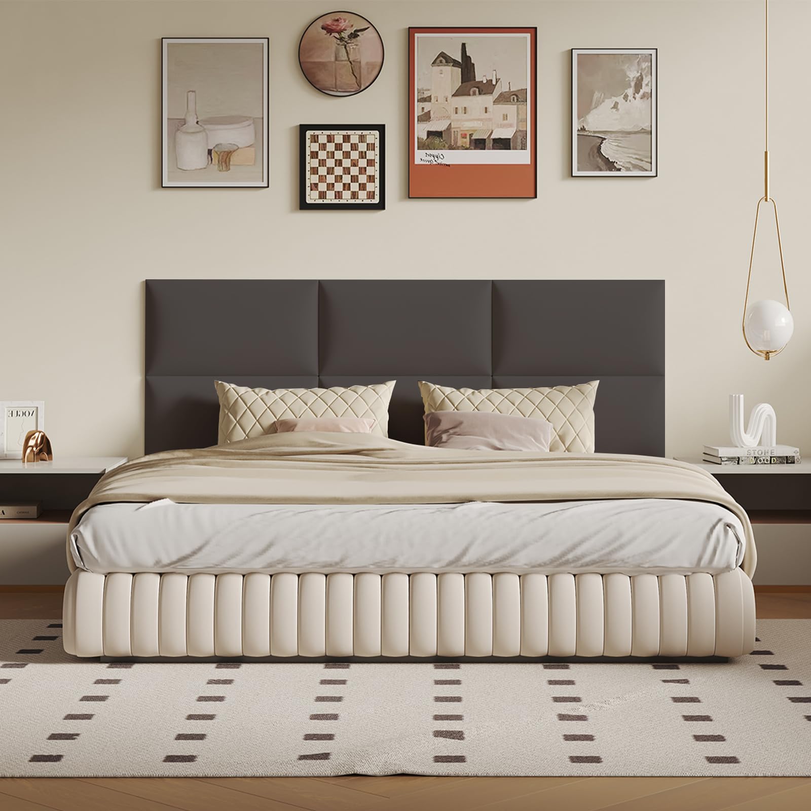 MAQQL Gray Stick-On Wall Mounted Headboard - 6-Piece Modular Padded Bed Backboard for Queen and King Size Beds, 24 x 12 Inches Each, Easy-to-Install