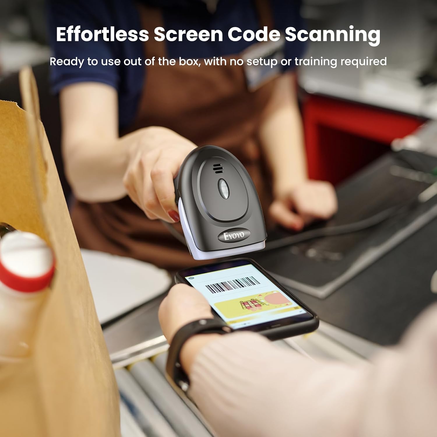 Person scanning a QR code from a smartphone screen with the Eyoyo EY-034 scanner