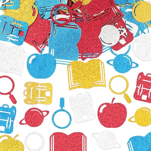200 unidades de confeti de regreso a clases, azul, rojo, dorado, plateado, libro de manzana, confeti, temática escolar, confeti de papel con