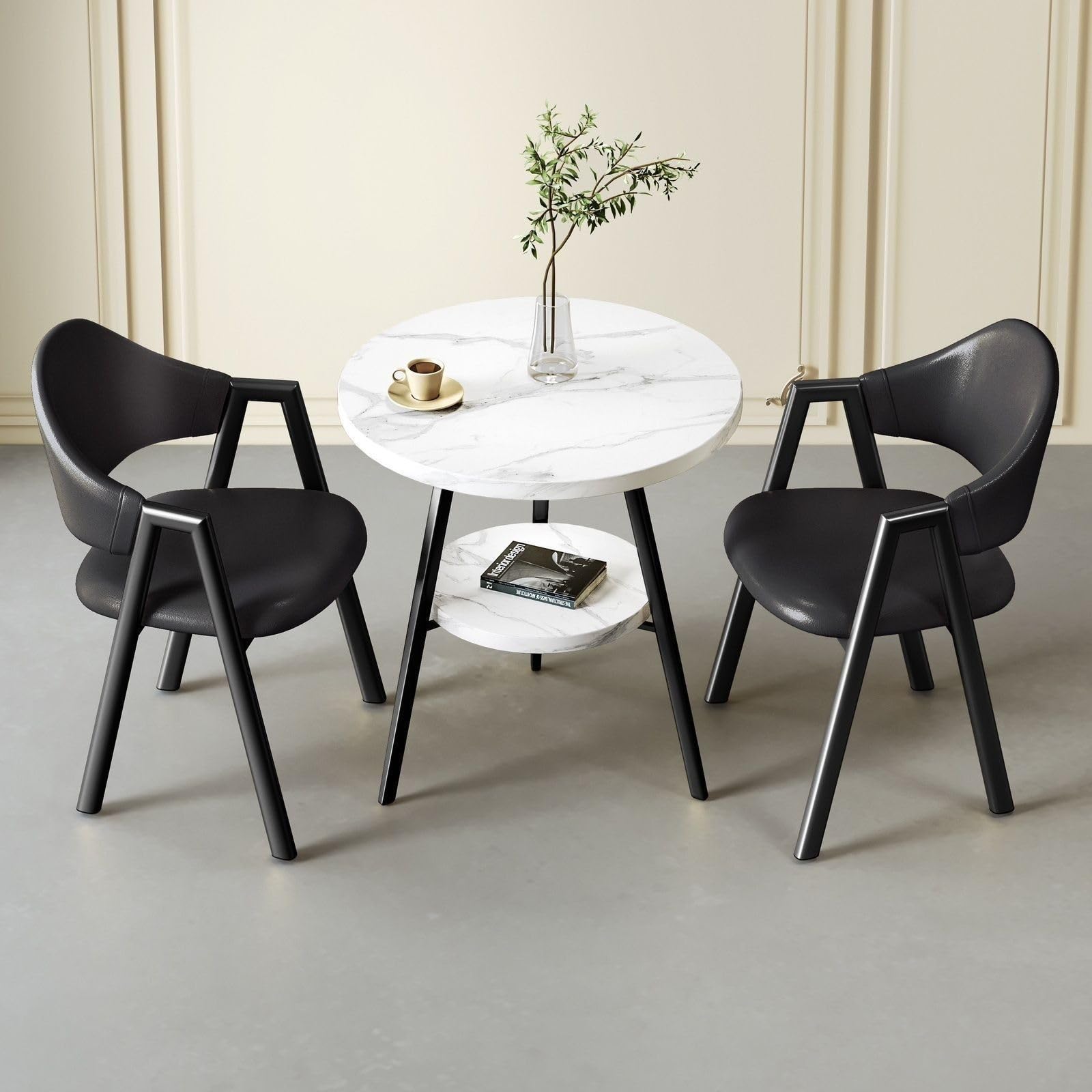Small Round Reception Table with 2 Chairs, 2-Tier Faux Marble Dining Table and Chairs Set for Office, Lounge, Living Room, Kitchen (Black Leather, 54x40x78cm)