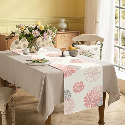 Miniatura 8 de WHOMEAF Camino de mesa azul y gris con flores de dalia pinnata beige, moderno, elegante, pompones, decoración geométrica de centro de mesa para el