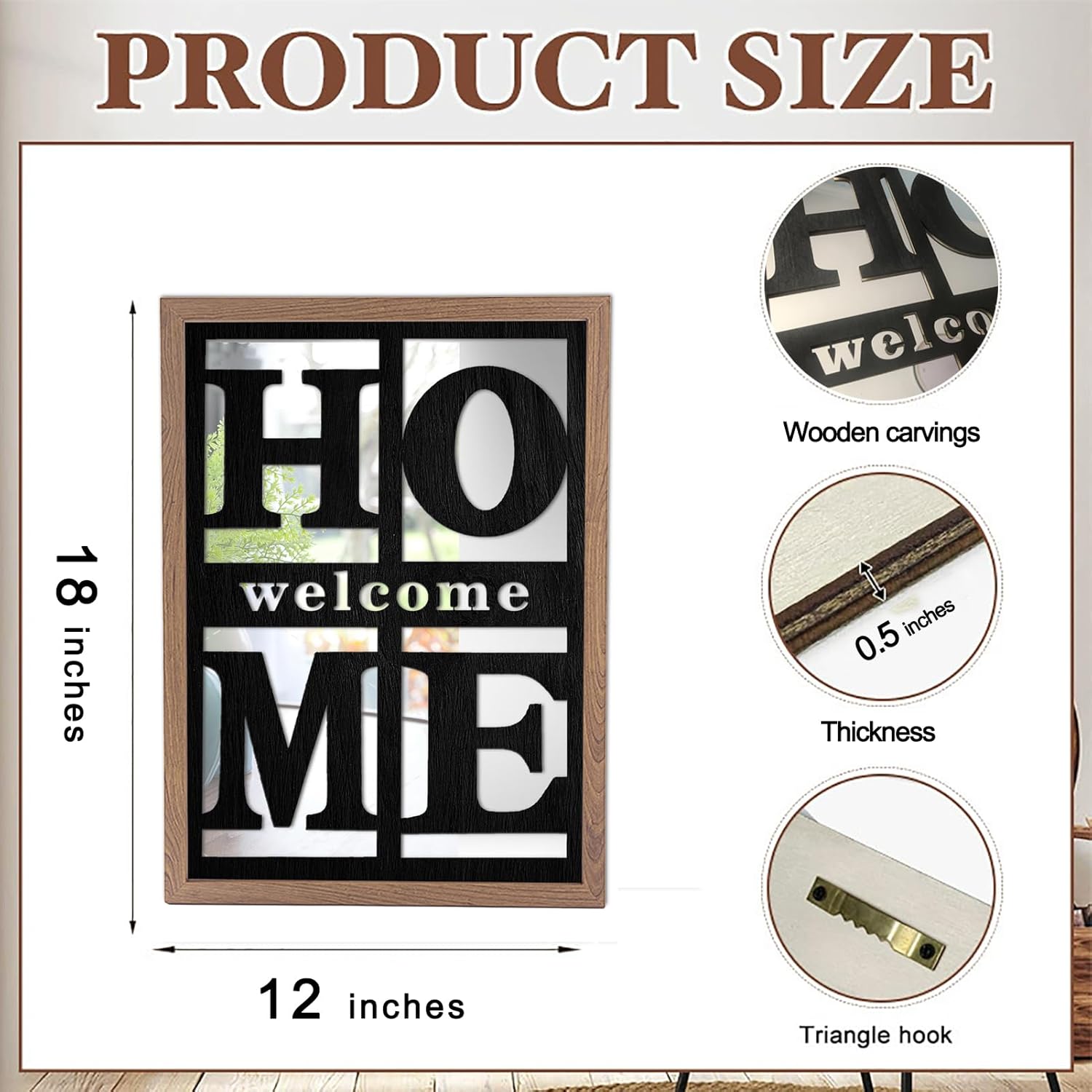 2 PCS Wooden Home Signs Wall Decor, Rustic Farmhouse Wall Mirror, Caramel Color Accent Mirror for Bedroom & Living Room (18" × 12")