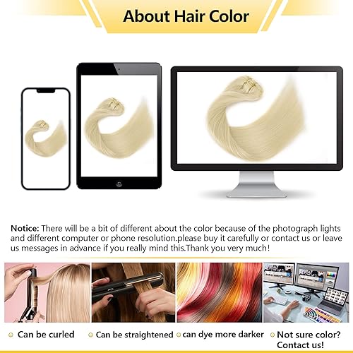 Miniatura 7 de OURI Extensiones de cabello humano real sin costuras, 14 pulgadas, 4.23 oz, 7 unidades, Remy 100 natural, doble trama, color rubio degradado, largo,