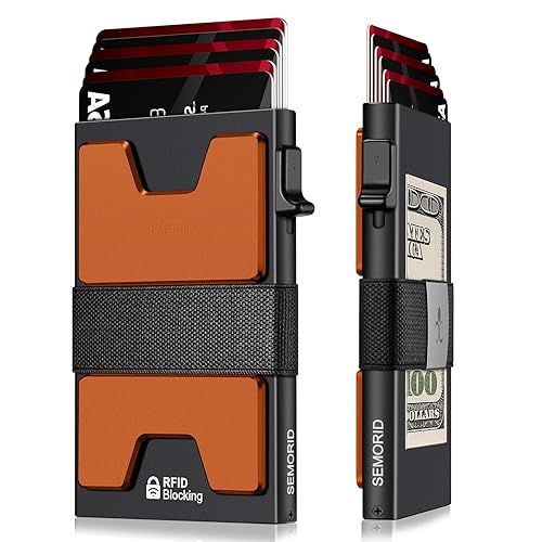 SEMORID Slim Aluminum Card Holder Wallet for Men, Durable Expandable Backplate, RFID Blocking Minimalist Metal Pop Up Wallet, Holds 12+ Cards Plus Cash - Black + Orange