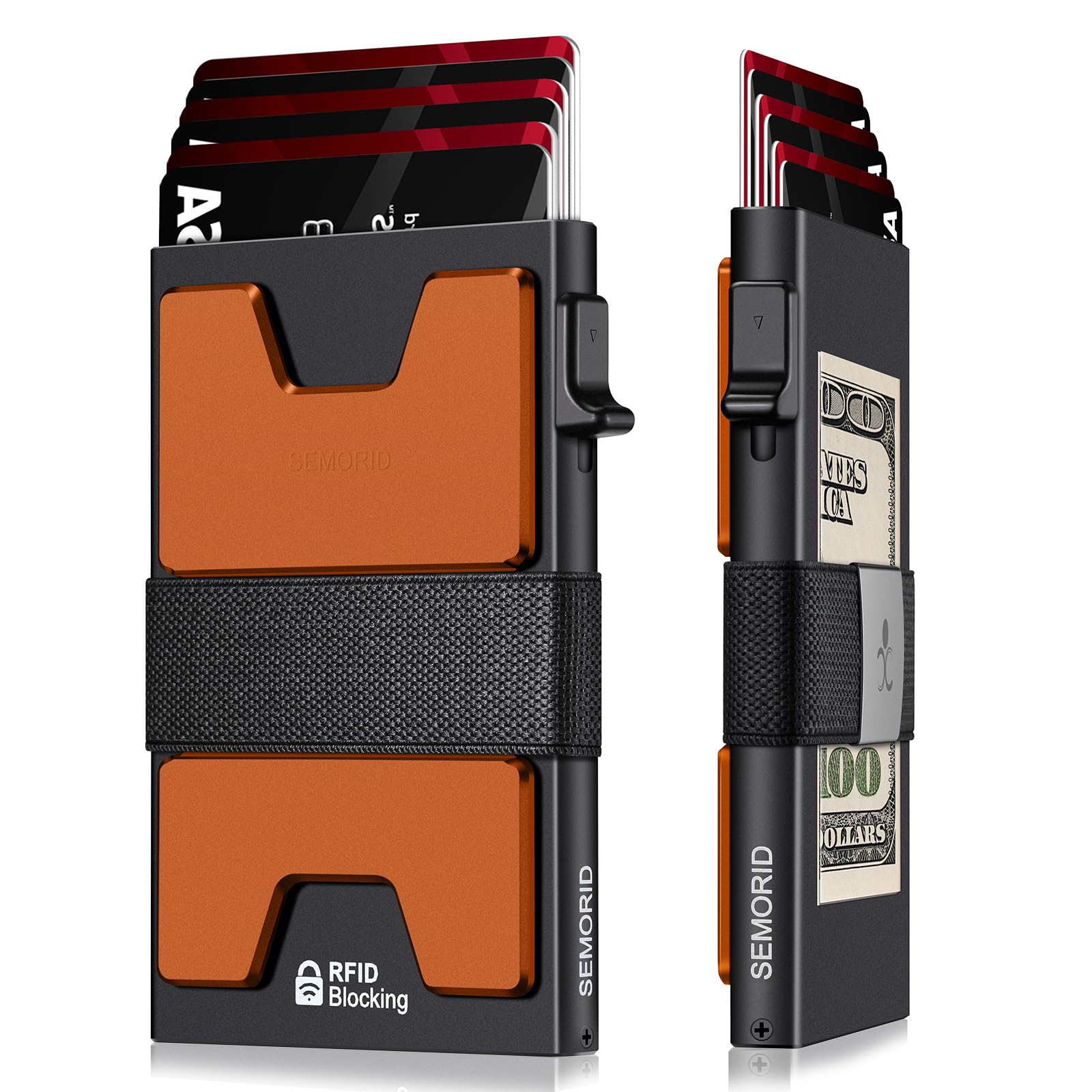 SEMORIDSEMORID Slim Aluminum Card Holder Wallet for Men, Durable Expandable Backplate, RFID Blocking Minimalist Metal Pop Up Wallet with Gift Box, Holds 12+ Cards Plus Cash, Black + Orange, Compact &