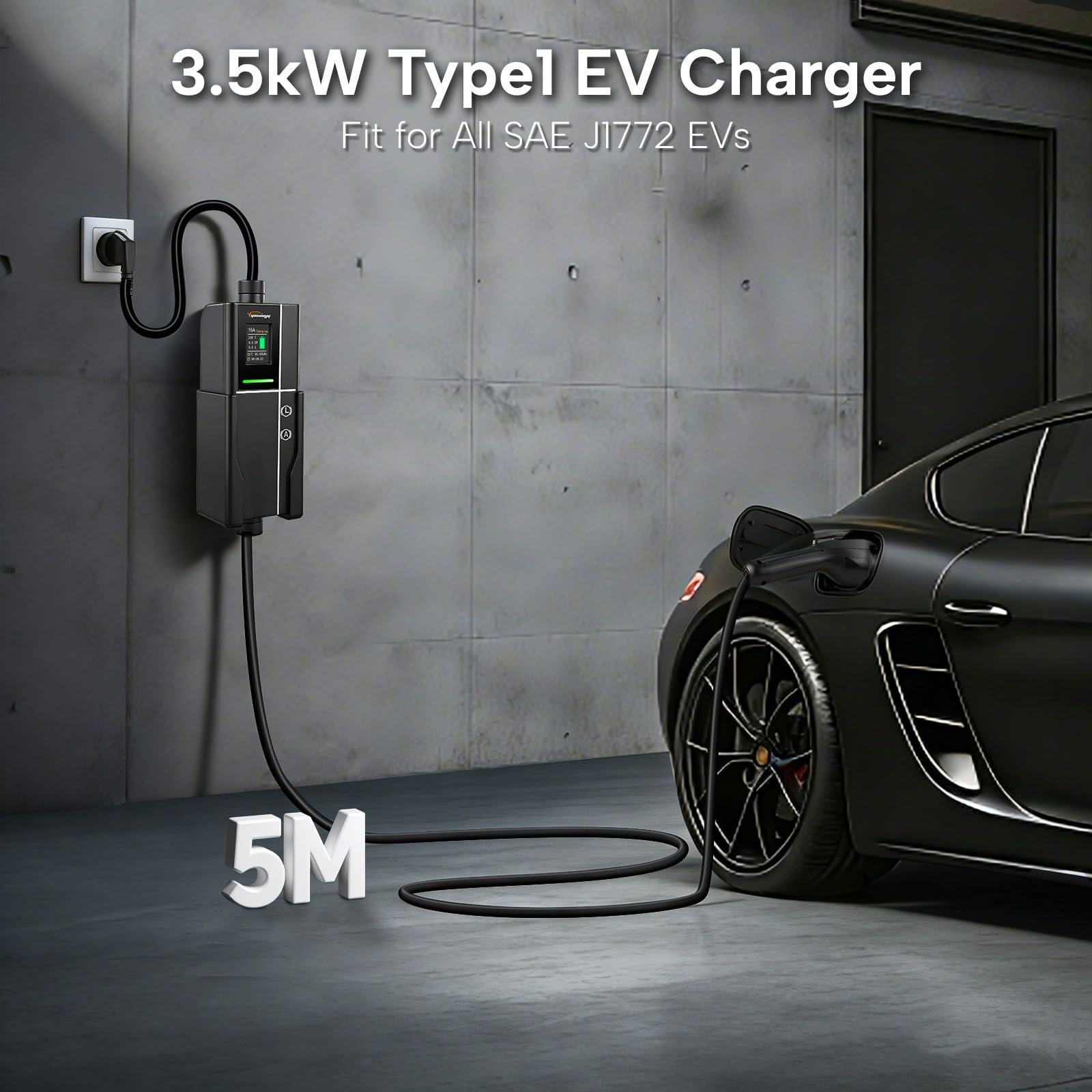 3,5 kW Typ 1 Kabel Ladowarki, ładowarka EV Schuko 5 m z Adapterem Typ 1 do Typ 2, ładowarka do Samochodu Elektrycznego z Regulowanym Prądem 8–16A z etui Transportowym