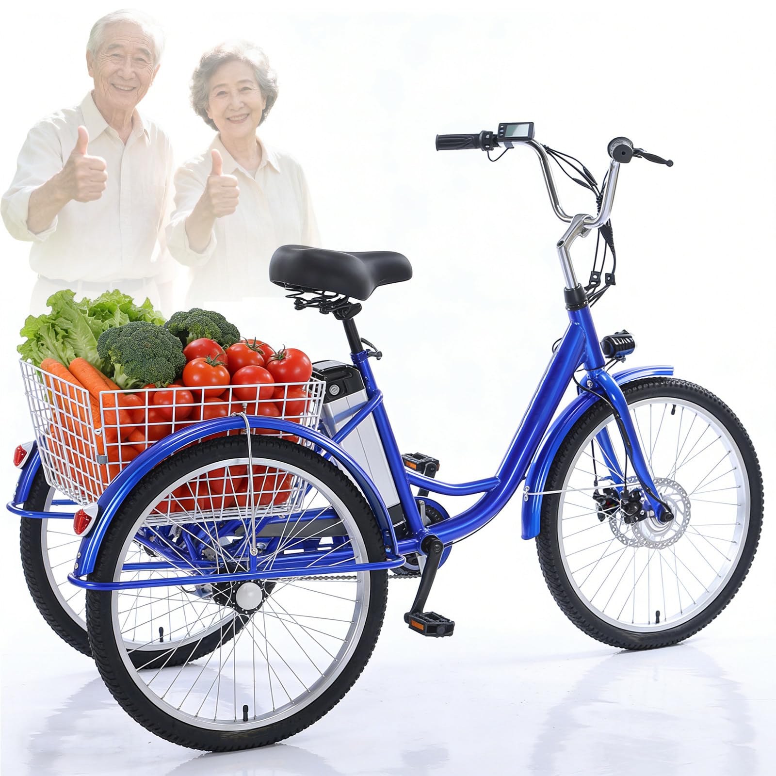LRPMGZYoe 24" Electric Tricycle for Seniors Pedal Assist for Adults 150 kg Load Capacity Adjustable Height with Basket Elderly Exercise Shopping Scooter Comfortable Rides Blue