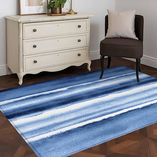 Miniatura 5 de 2.7x5 Area Rugs, Blue Stripes Non-Skid Rubber Backing Large Rectangle Rugs - Living Room Bedroom Home Office, Watercolor Retro Ombre Abstract Tie