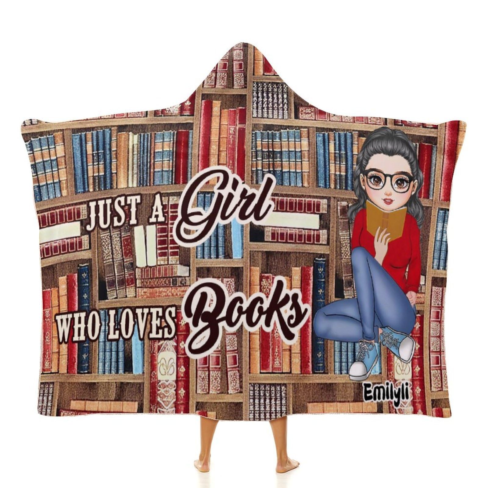 NOONATIVE Just a Girl Who Loves Books Hooded Blanket,Custom Reading Book Wearable Throw Blanket with Name Portrait,Gift for Book Lovers Women Readers Bookworms Librarians