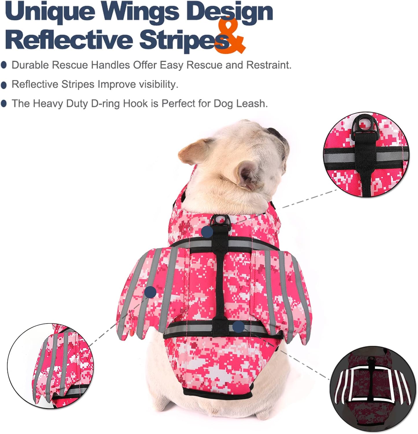Petglad Dog Life Jacket, High Buoyancy Wings Pet Life Vest for Swimming Boating, Safety Flotation Swim Vest with Extra Chin Float for Small Medium Large Dogs - Pink Camo, S