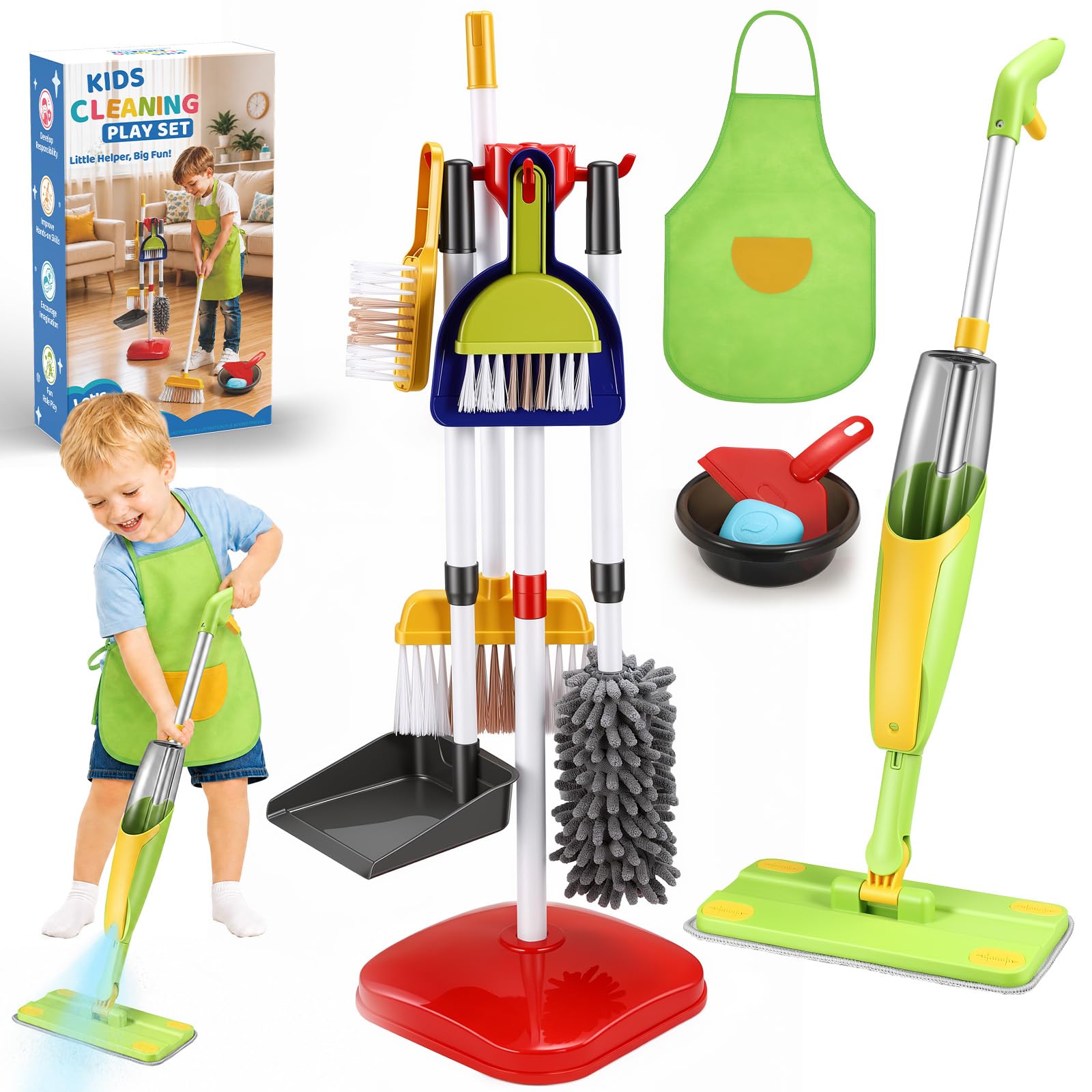EUCOCO Kids Cleaning Set, Kids Spray Mop Toy for Toddlers Age 3+ Toys for 2 3 4 5 6 Year Old Girls Boys Gifts Montessori Pretend Play Cleaning and Learning Toys Gift for Kids Broom Sweeping Brush