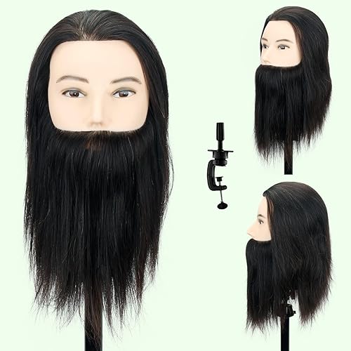 Jiayi Cabeza de maniquí con cabello 100 humano con barba de 10 a 12 pulgadas cabeza de muñeca de entrenamiento de maniquí masculino trenzado con