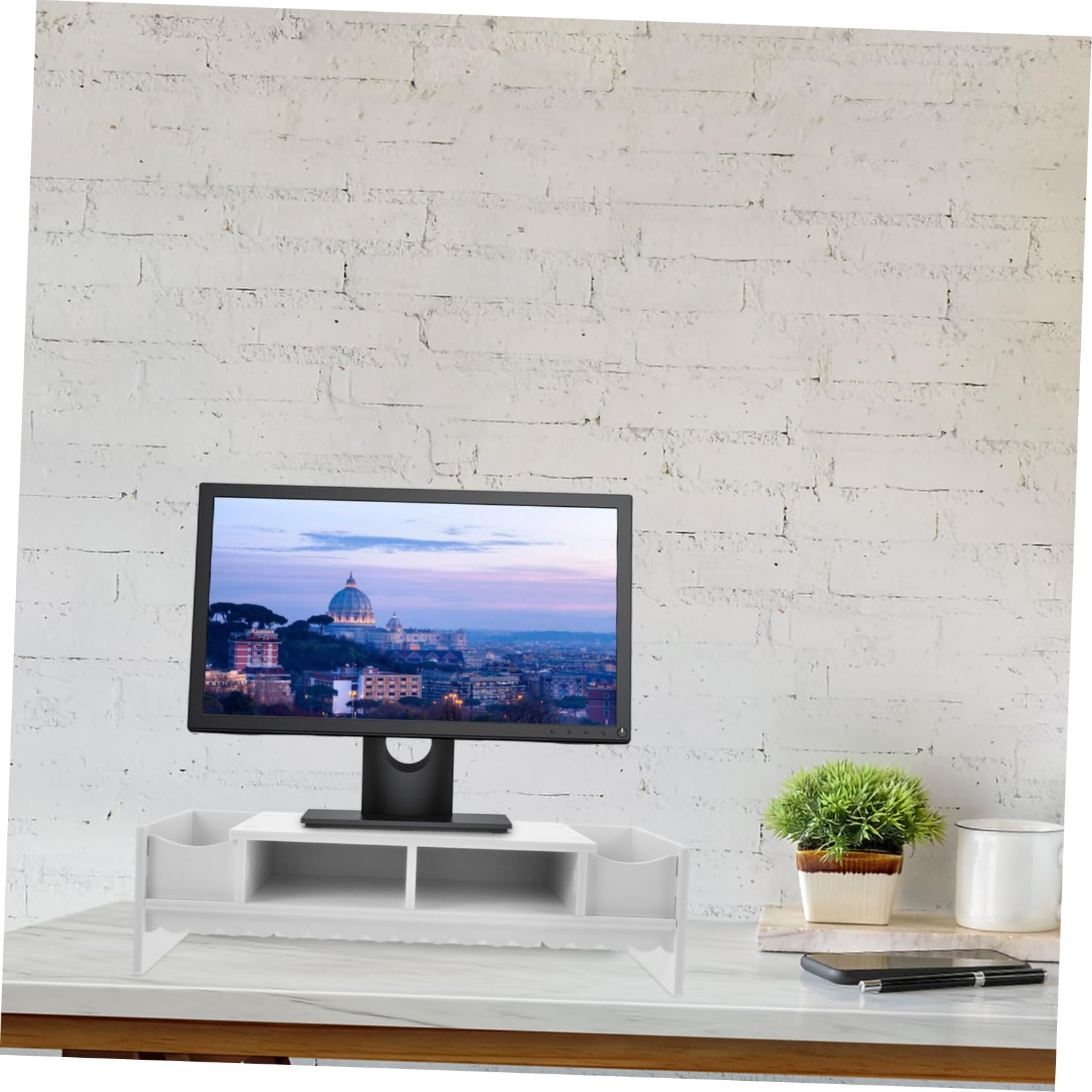 Étagère de Bureau pour Écran, Rangement PVC Blanc, Tiroir