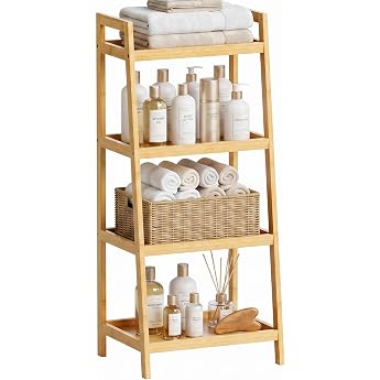 SMIBUY Bamboo Ladder Bookcase, Bathroom Storage Shelf Organiser, Freestanding Plant Stand Space Saving Shelves for Bedroom, K