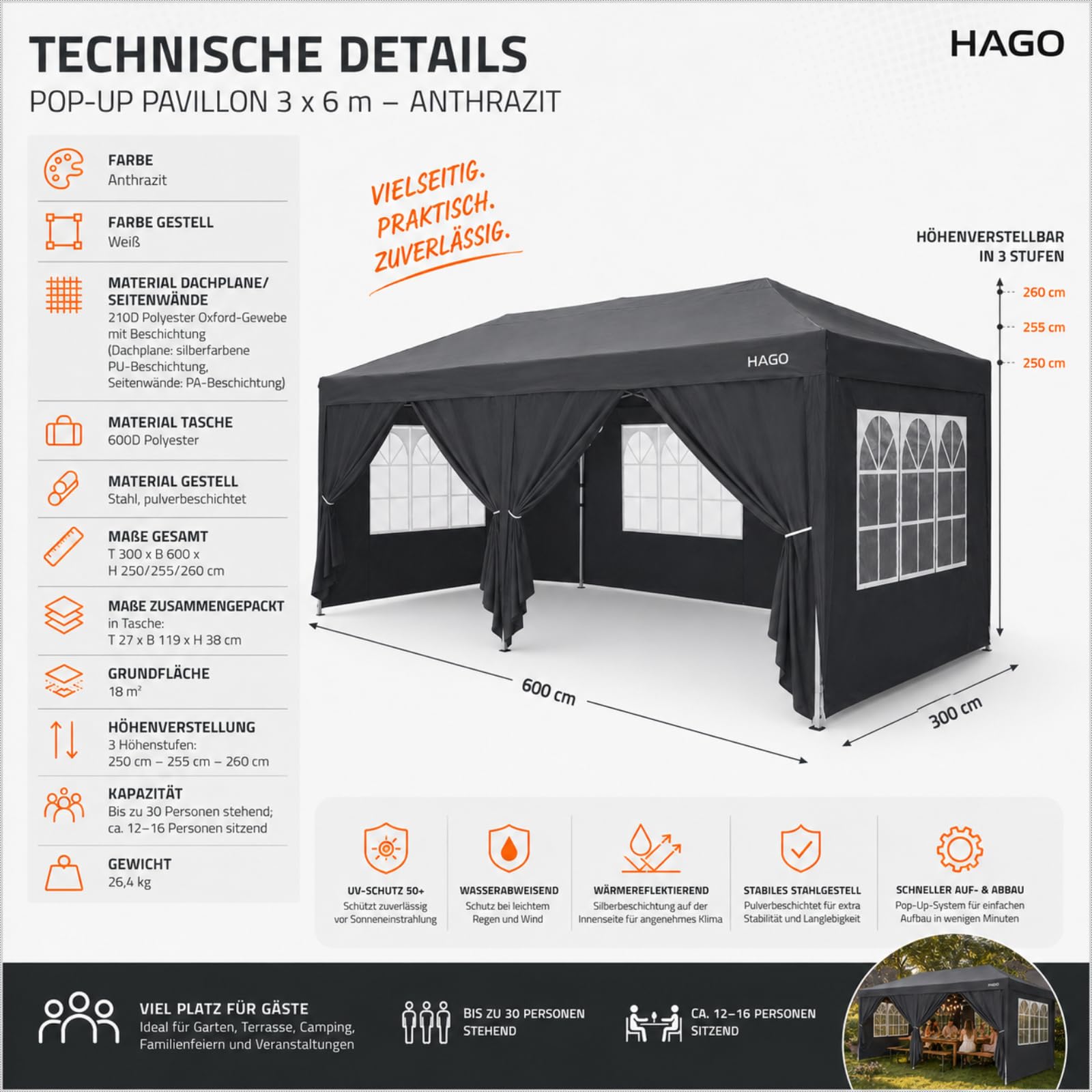 HAGO24 Pop Up Pavillon 6x3m Anthrazit Faltpavillon Gartenzelt Eventzelt Partyzelt Seitenwände Fenster Tür UV50+ höhenverstellbar Stahlgestell Tragetasche Baumarkt