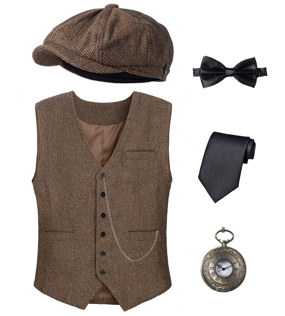Photo 1 of Kids 1920s Costume for Boys Vest Hat Accessories Set Party Cosplay 8-9 Years Dark Brown
