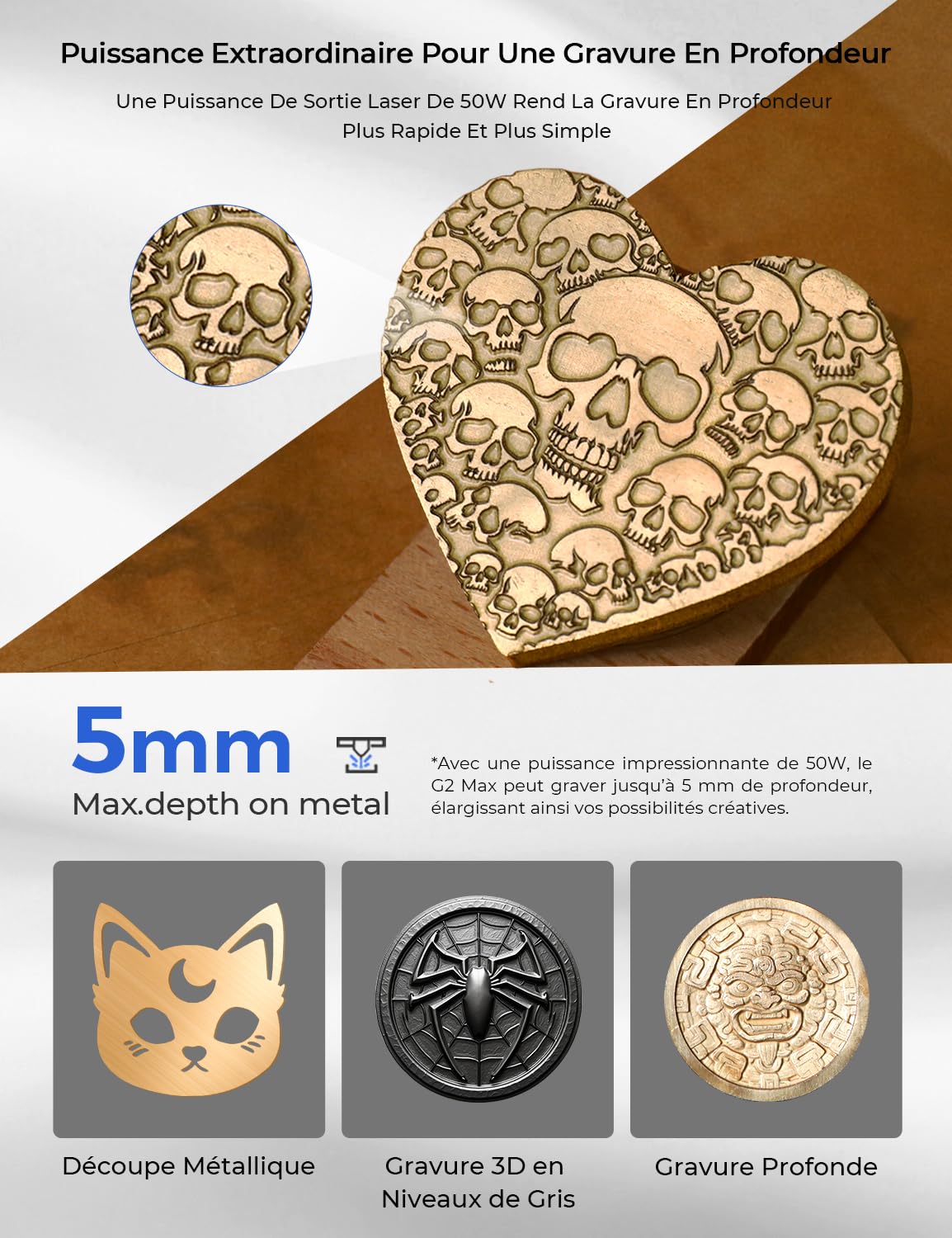 GWEIKE G2 Max 50W Graveur Laser à Fibre, Machine de Gravure Laser à Fibre Portable, avec Gravure 3D & en Profondeur, Compatible avec Découpe Laser à Fibre LightBurn pour Bijoux, Métal, Cuir