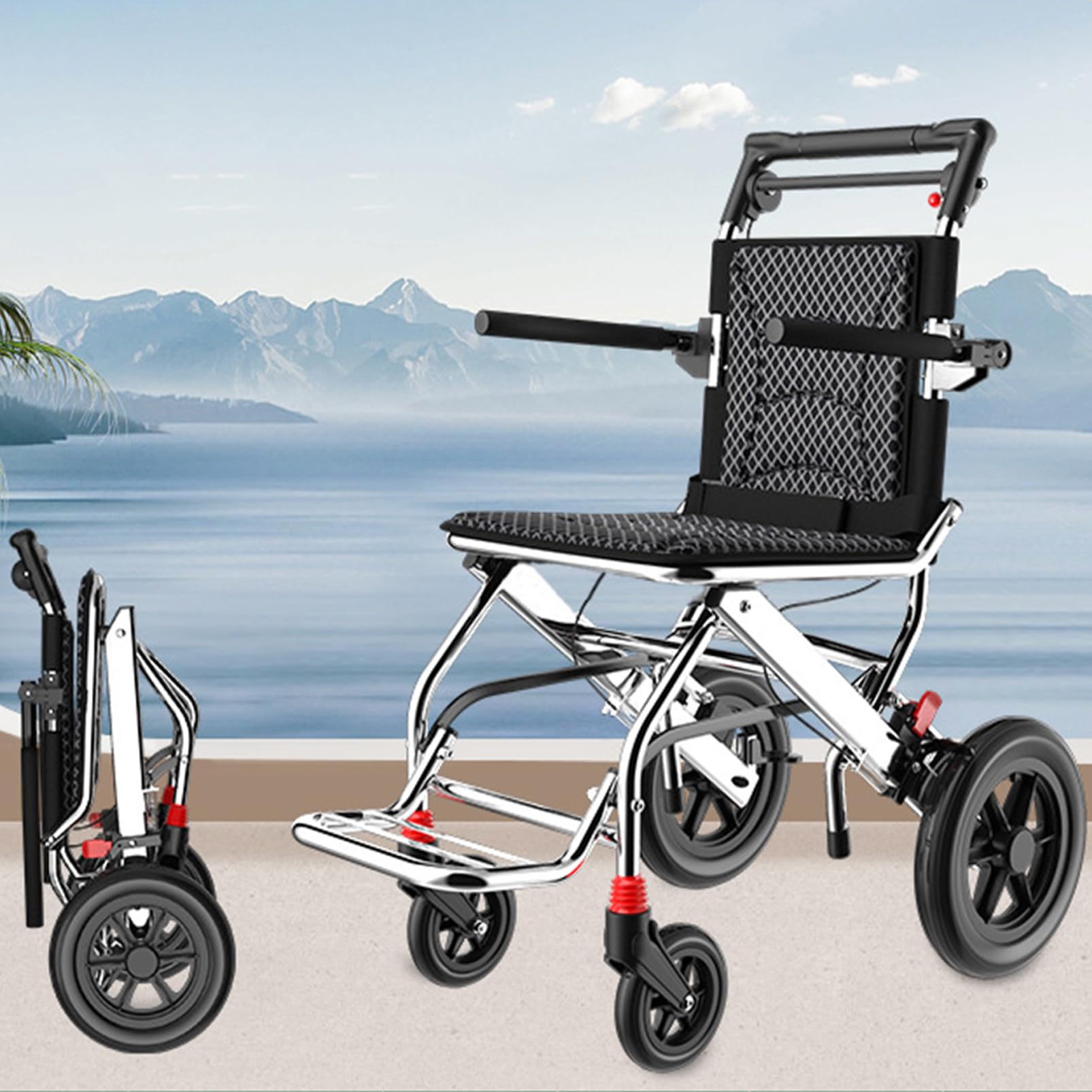 Silla de ruedas plegable ligera para adultos, silla de aluminio portátil para viajes, transporte y fácil movilidad